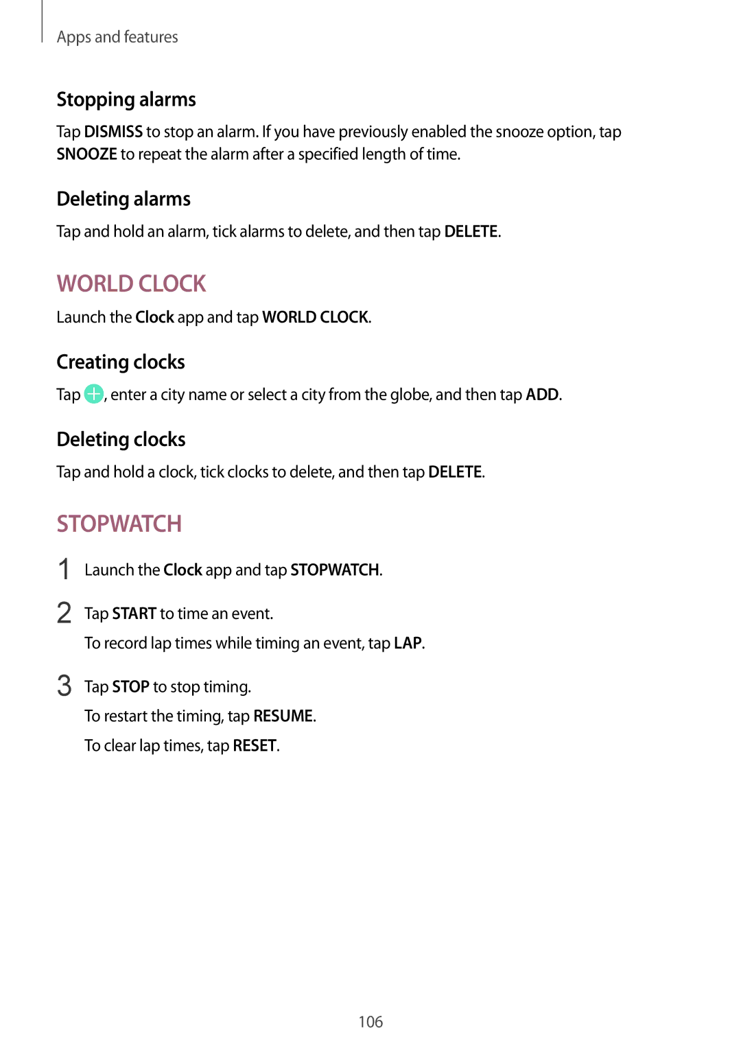 Samsung SM-G611FZDDKSA, SM-G611FZKDKSA manual Stopping alarms, Deleting alarms, Creating clocks, Deleting clocks 