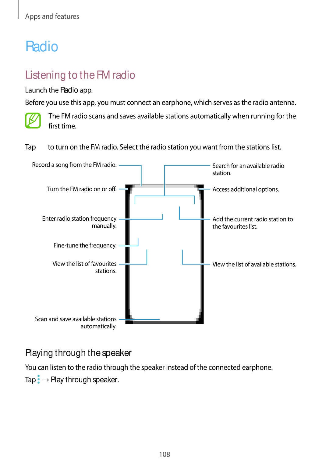 Samsung SM-G611FZDDKSA, SM-G611FZKDKSA Listening to the FM radio, Playing through the speaker, Launch the Radio app 