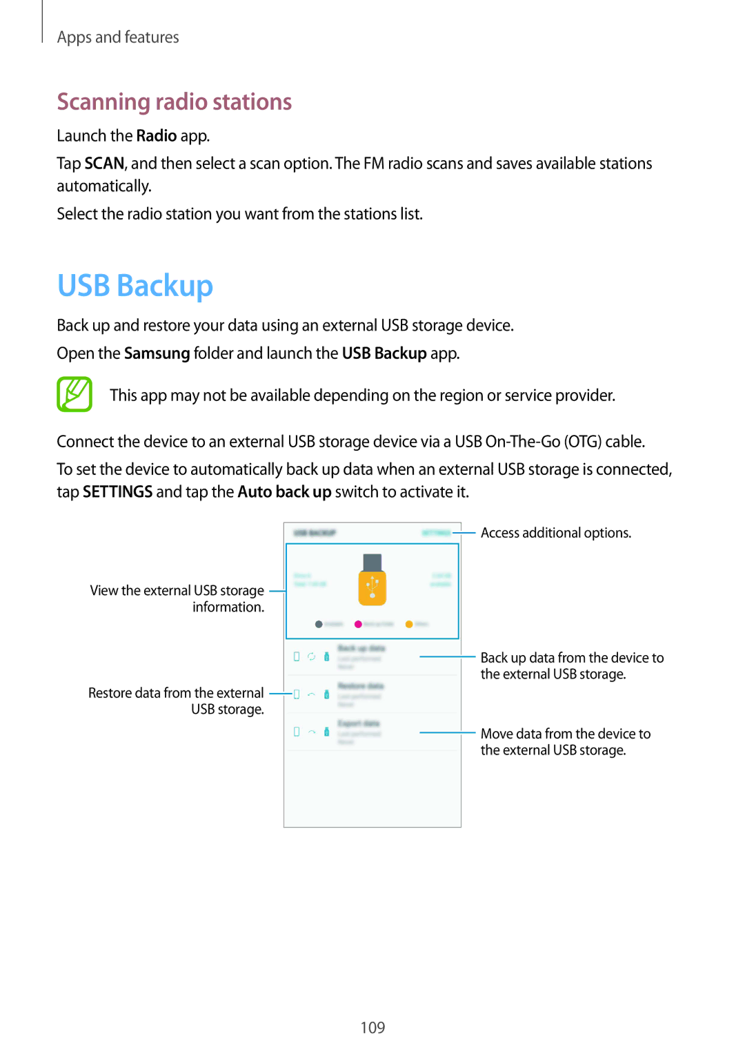 Samsung SM-G611FZKDKSA, SM-G611FZDDKSA manual USB Backup, Scanning radio stations 