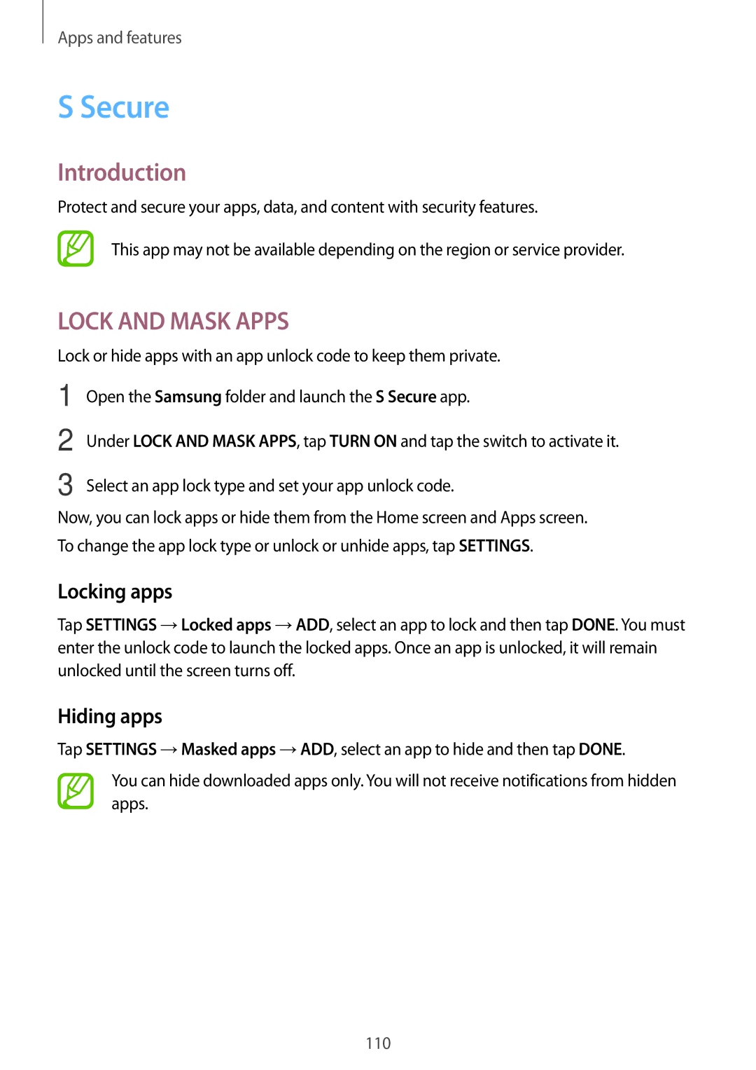 Samsung SM-G611FZDDKSA, SM-G611FZKDKSA manual Secure, Locking apps, Hiding apps 