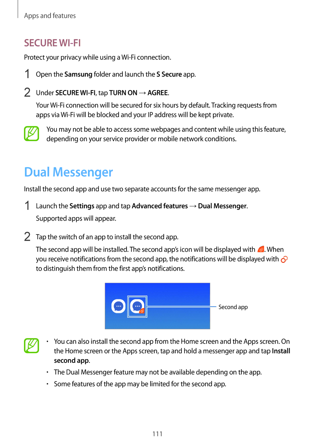 Samsung SM-G611FZKDKSA, SM-G611FZDDKSA manual Dual Messenger, Protect your privacy while using a Wi-Fi connection 