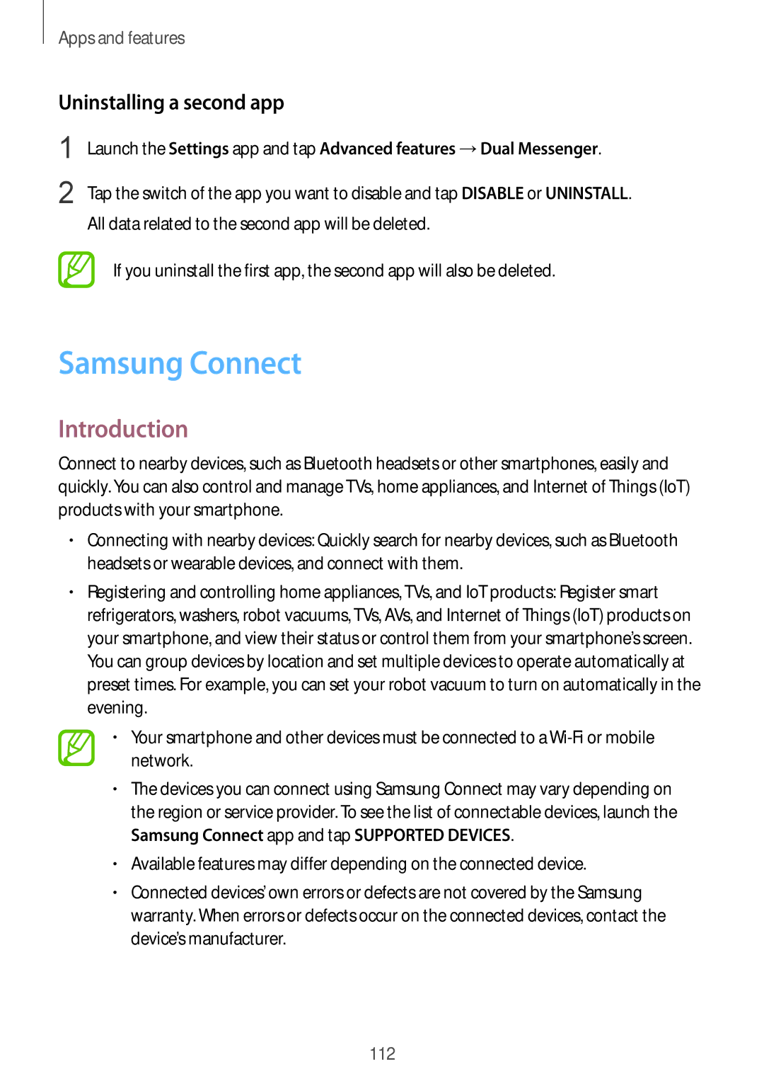 Samsung SM-G611FZDDKSA, SM-G611FZKDKSA manual Samsung Connect, Uninstalling a second app 