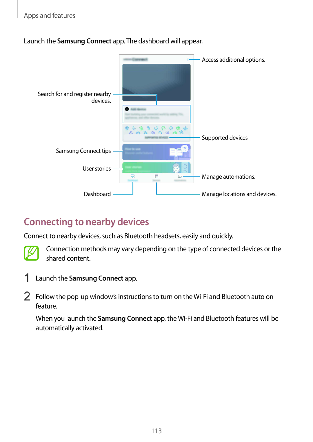 Samsung SM-G611FZKDKSA manual Connecting to nearby devices, Launch the Samsung Connect app. The dashboard will appear 