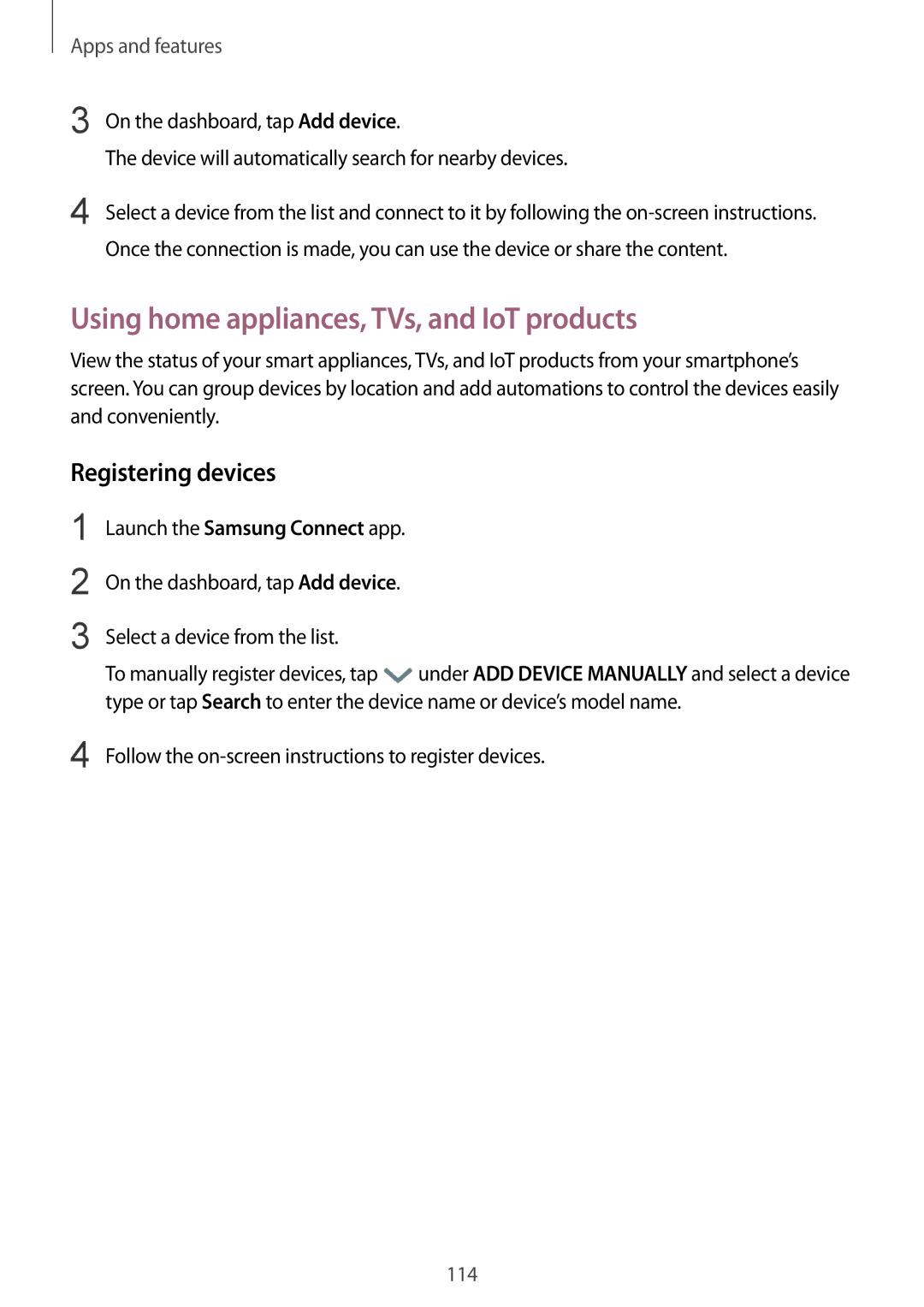 Samsung SM-G611FZDDKSA, SM-G611FZKDKSA manual Using home appliances, TVs, and IoT products, Registering devices 