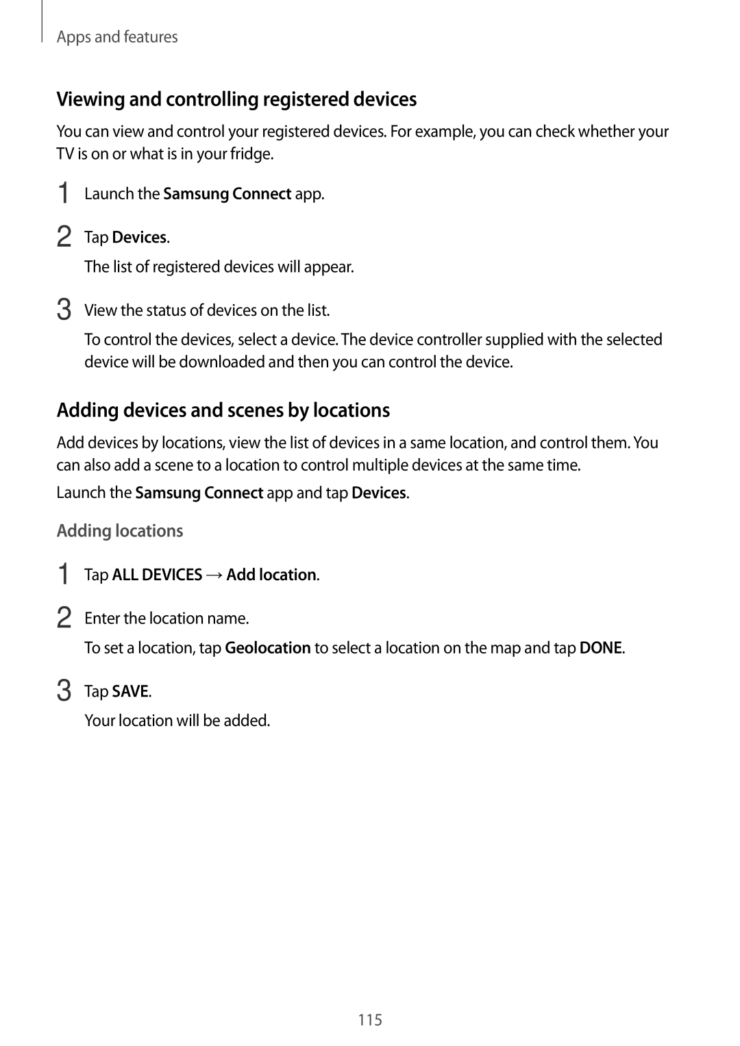 Samsung SM-G611FZKDKSA, SM-G611FZDDKSA Viewing and controlling registered devices, Adding devices and scenes by locations 