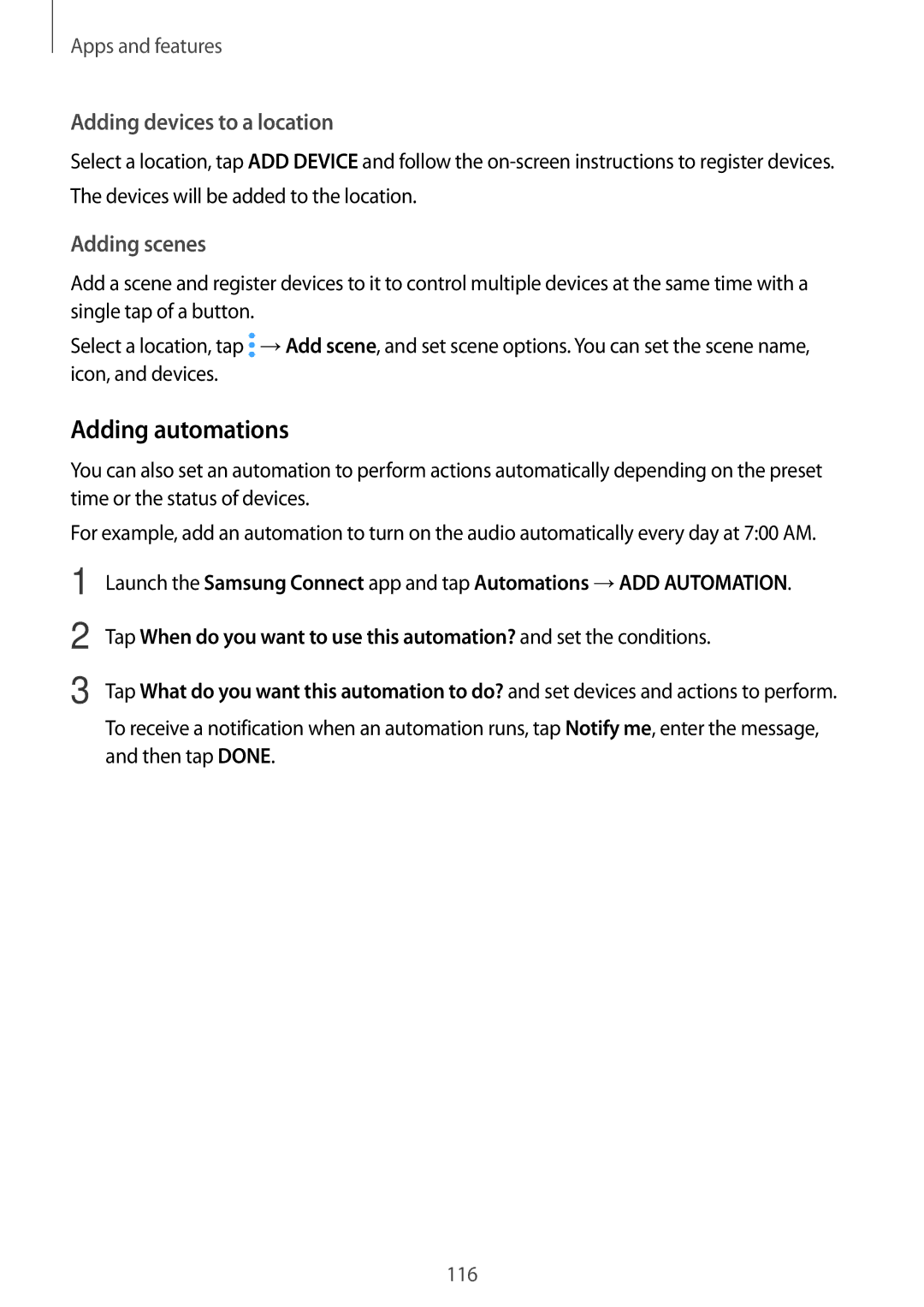 Samsung SM-G611FZDDKSA, SM-G611FZKDKSA manual Adding automations, Adding devices to a location, Adding scenes 