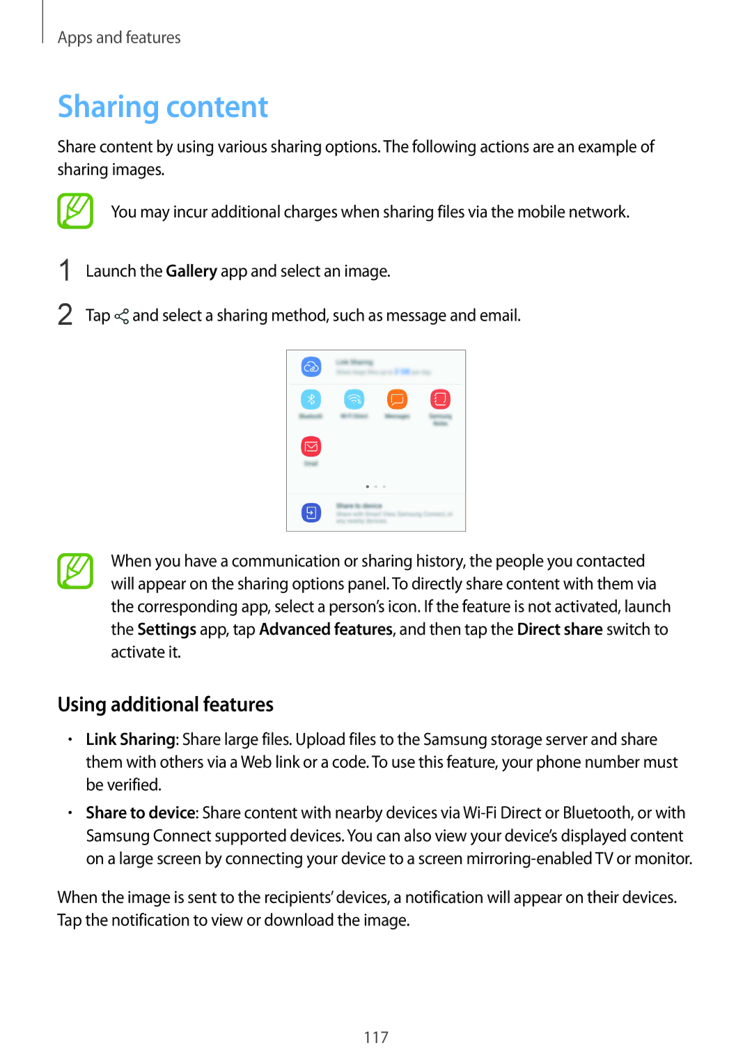 Samsung SM-G611FZKDKSA, SM-G611FZDDKSA manual Sharing content, Using additional features 