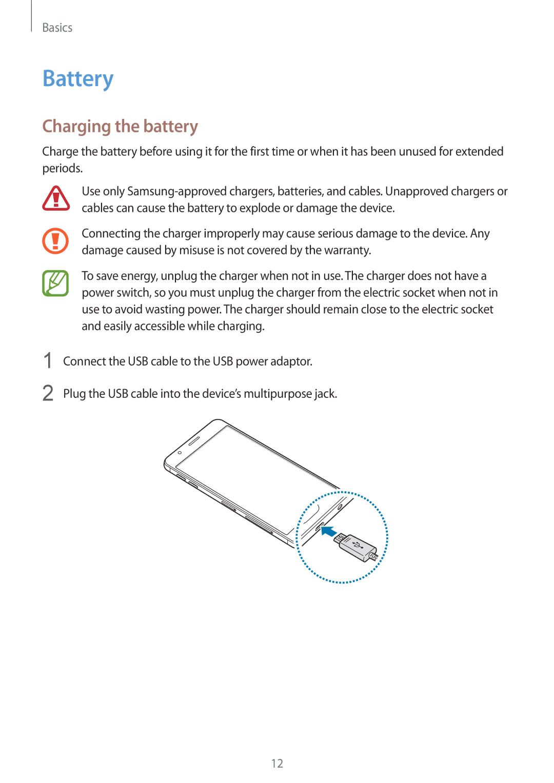 Samsung SM-G611FZDDKSA, SM-G611FZKDKSA manual Battery, Charging the battery 