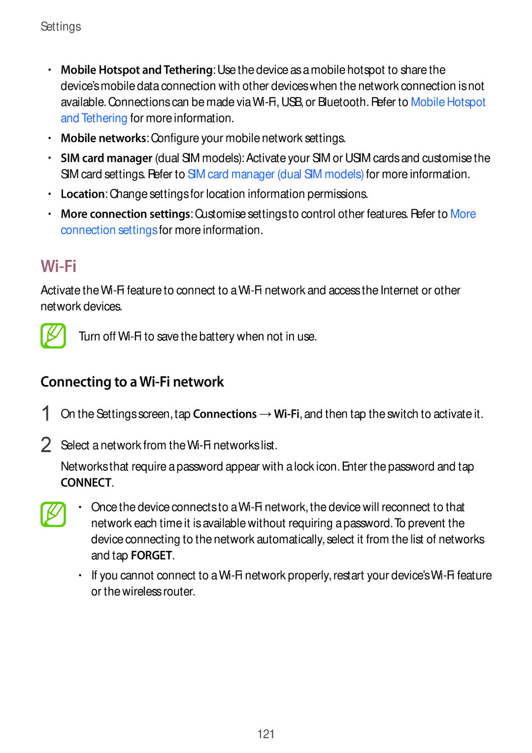 Samsung SM-G611FZKDKSA manual Connecting to a Wi-Fi network, Mobile networks Configure your mobile network settings 