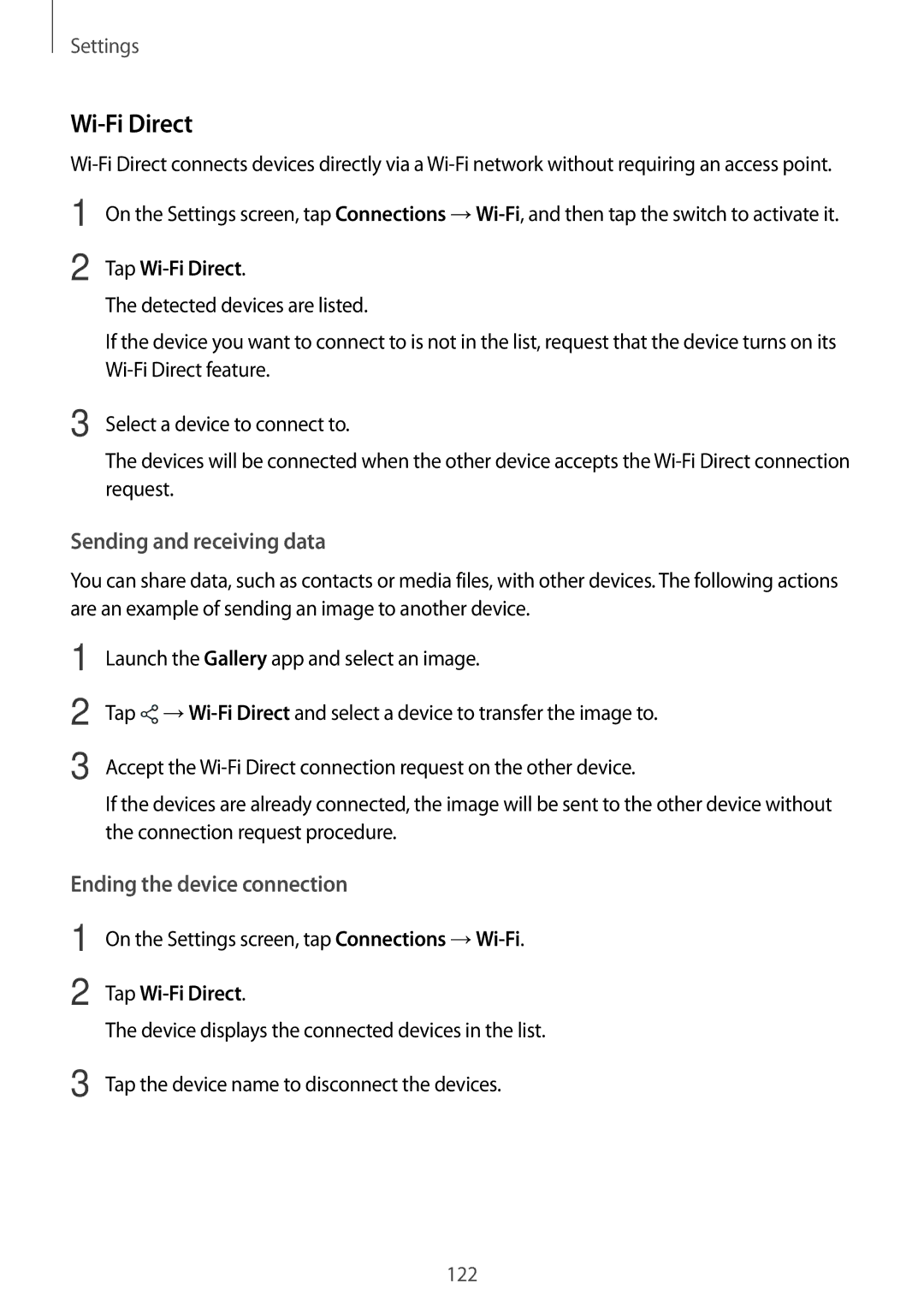 Samsung SM-G611FZDDKSA, SM-G611FZKDKSA manual Sending and receiving data, Ending the device connection, Tap Wi-Fi Direct 