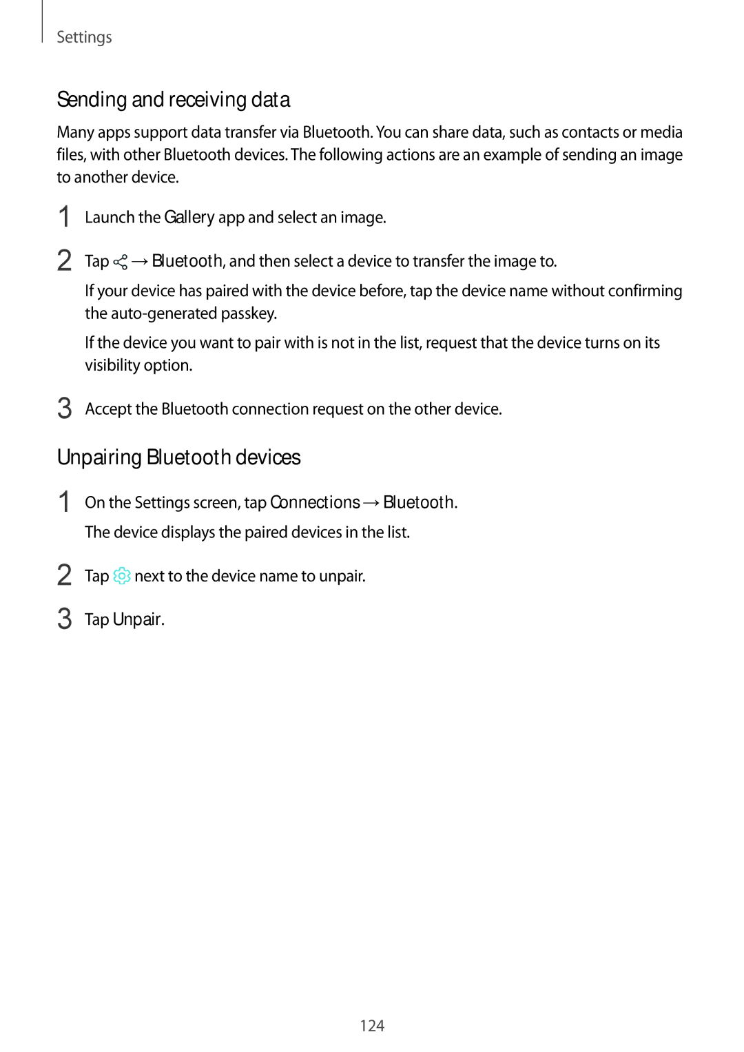 Samsung SM-G611FZDDKSA Sending and receiving data, Unpairing Bluetooth devices, Tap next to the device name to unpair 