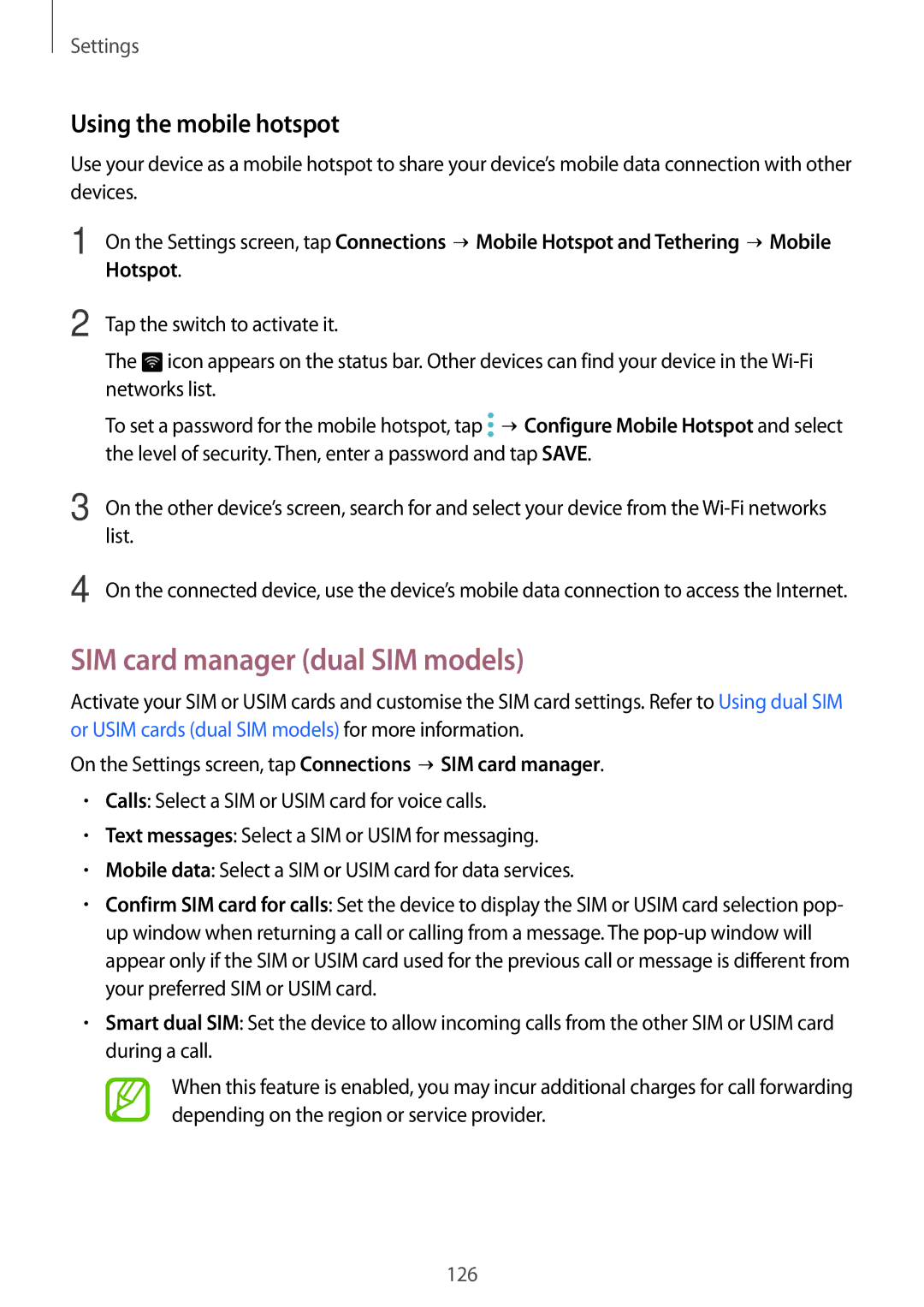 Samsung SM-G611FZDDKSA, SM-G611FZKDKSA manual SIM card manager dual SIM models, Using the mobile hotspot 