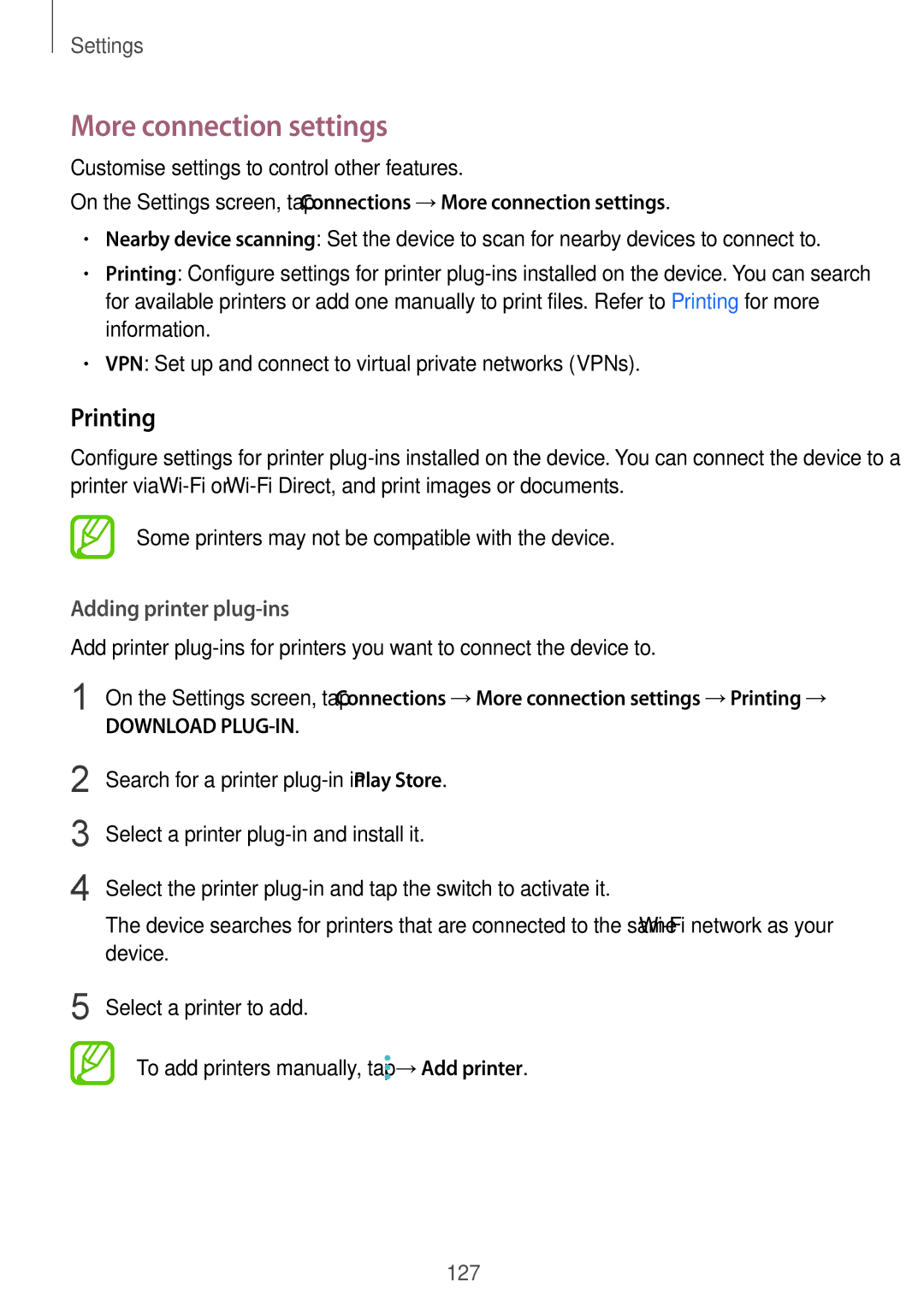 Samsung SM-G611FZKDKSA, SM-G611FZDDKSA manual More connection settings, Printing, Adding printer plug-ins 