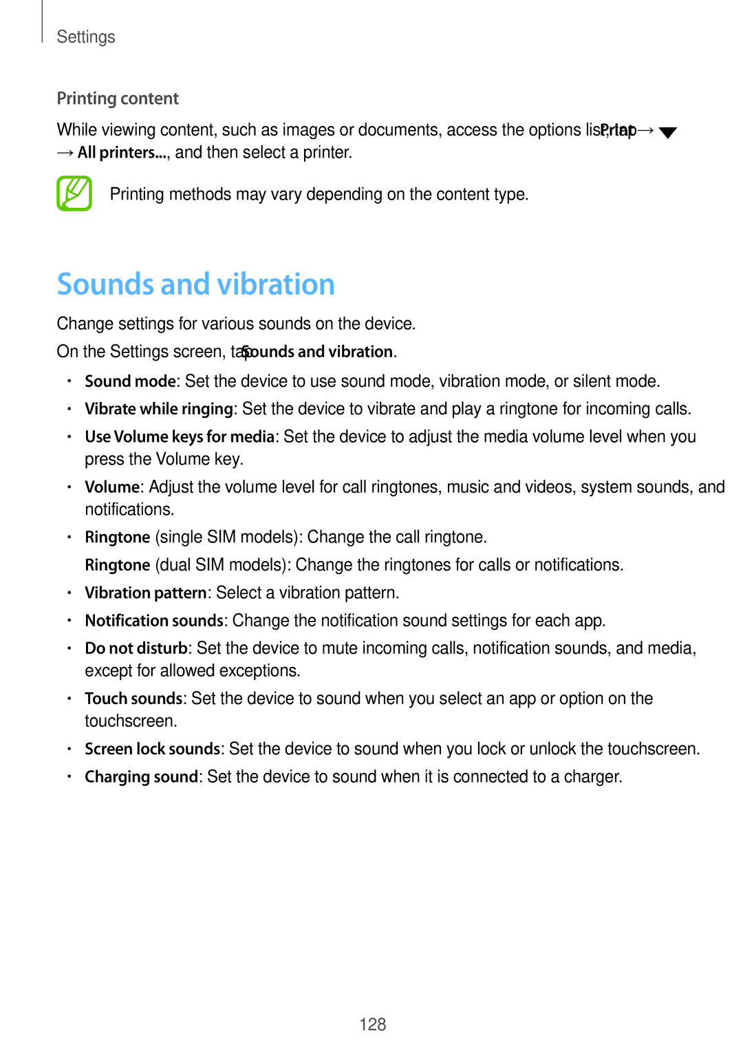 Samsung SM-G611FZDDKSA, SM-G611FZKDKSA manual Sounds and vibration, Printing content 