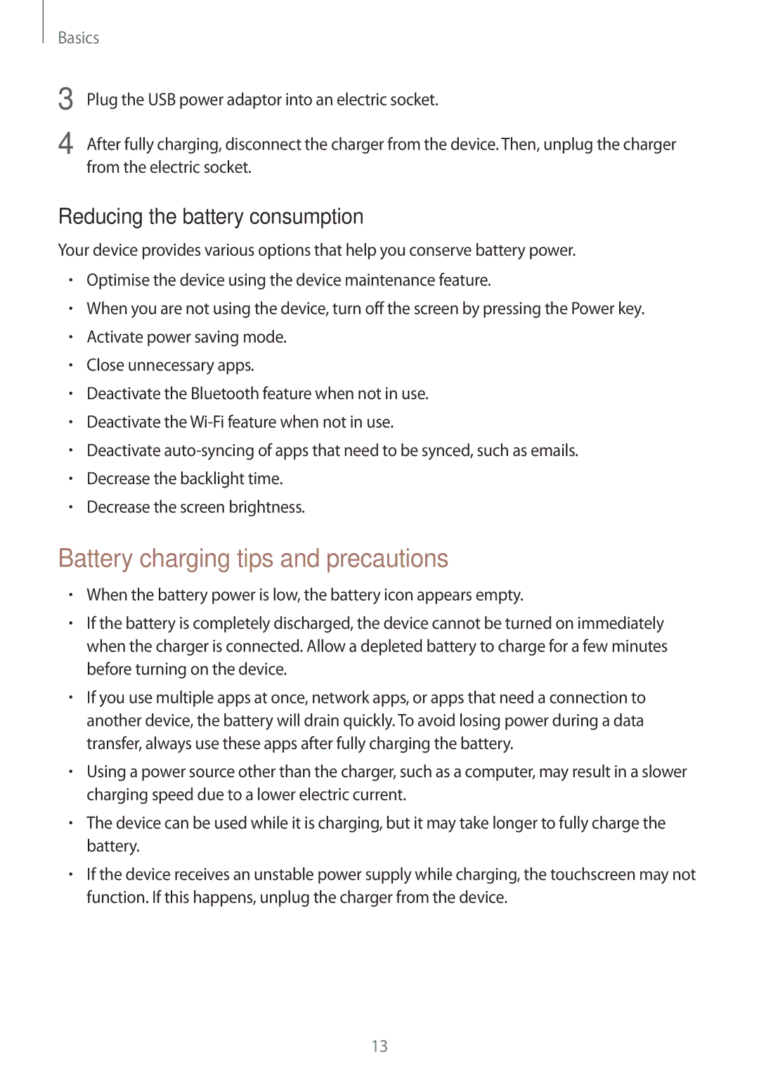 Samsung SM-G611FZKDKSA, SM-G611FZDDKSA manual Battery charging tips and precautions, Reducing the battery consumption 