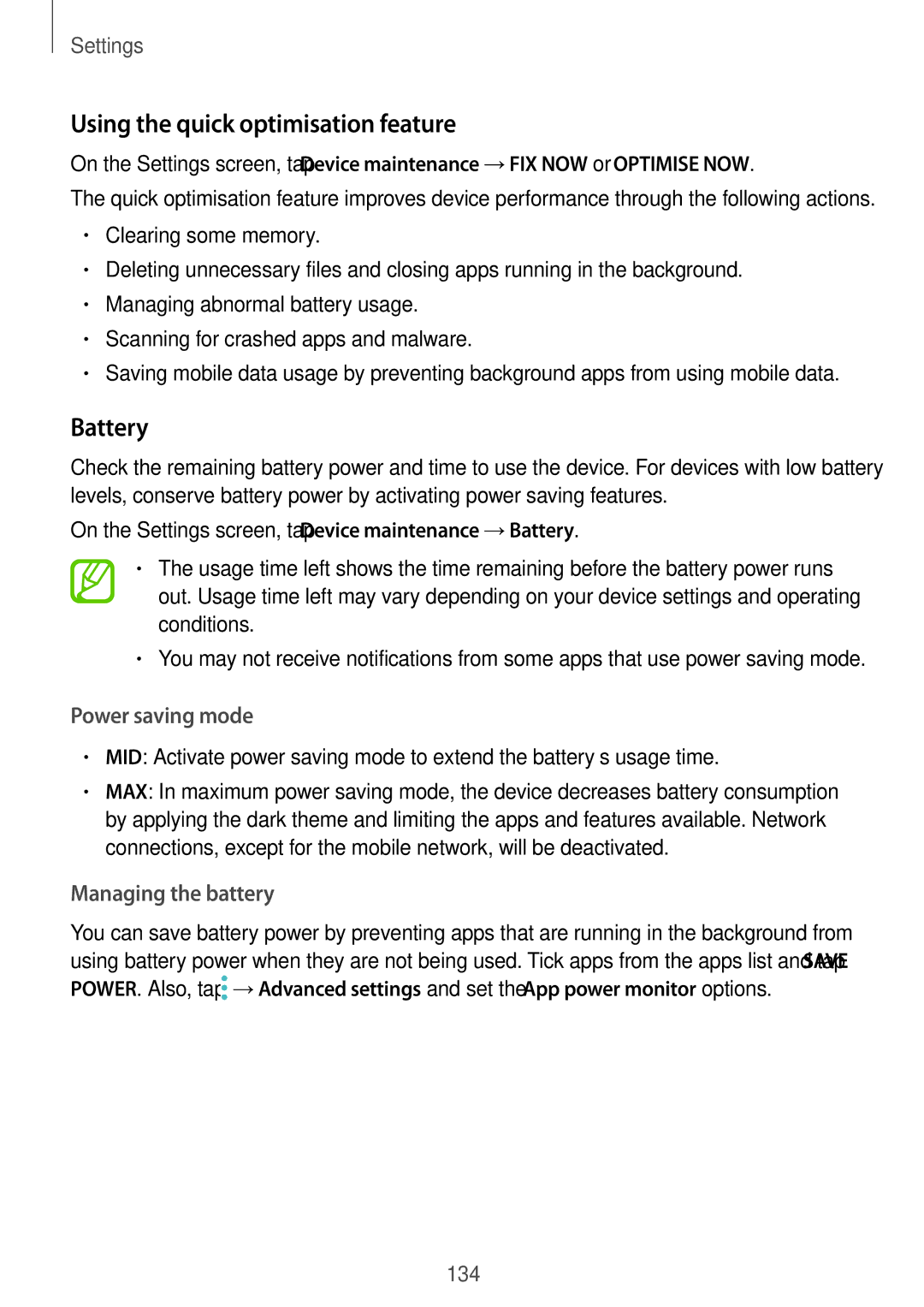 Samsung SM-G611FZDDKSA manual Using the quick optimisation feature, Battery, Power saving mode, Managing the battery 