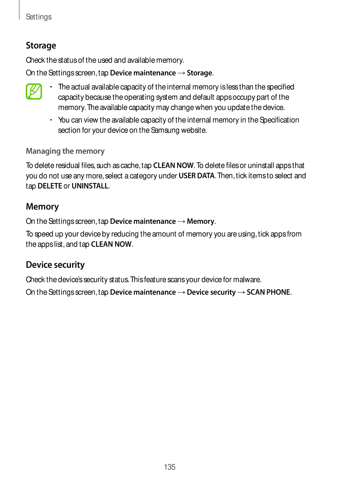 Samsung SM-G611FZKDKSA, SM-G611FZDDKSA manual Storage, Memory, Device security, Managing the memory 