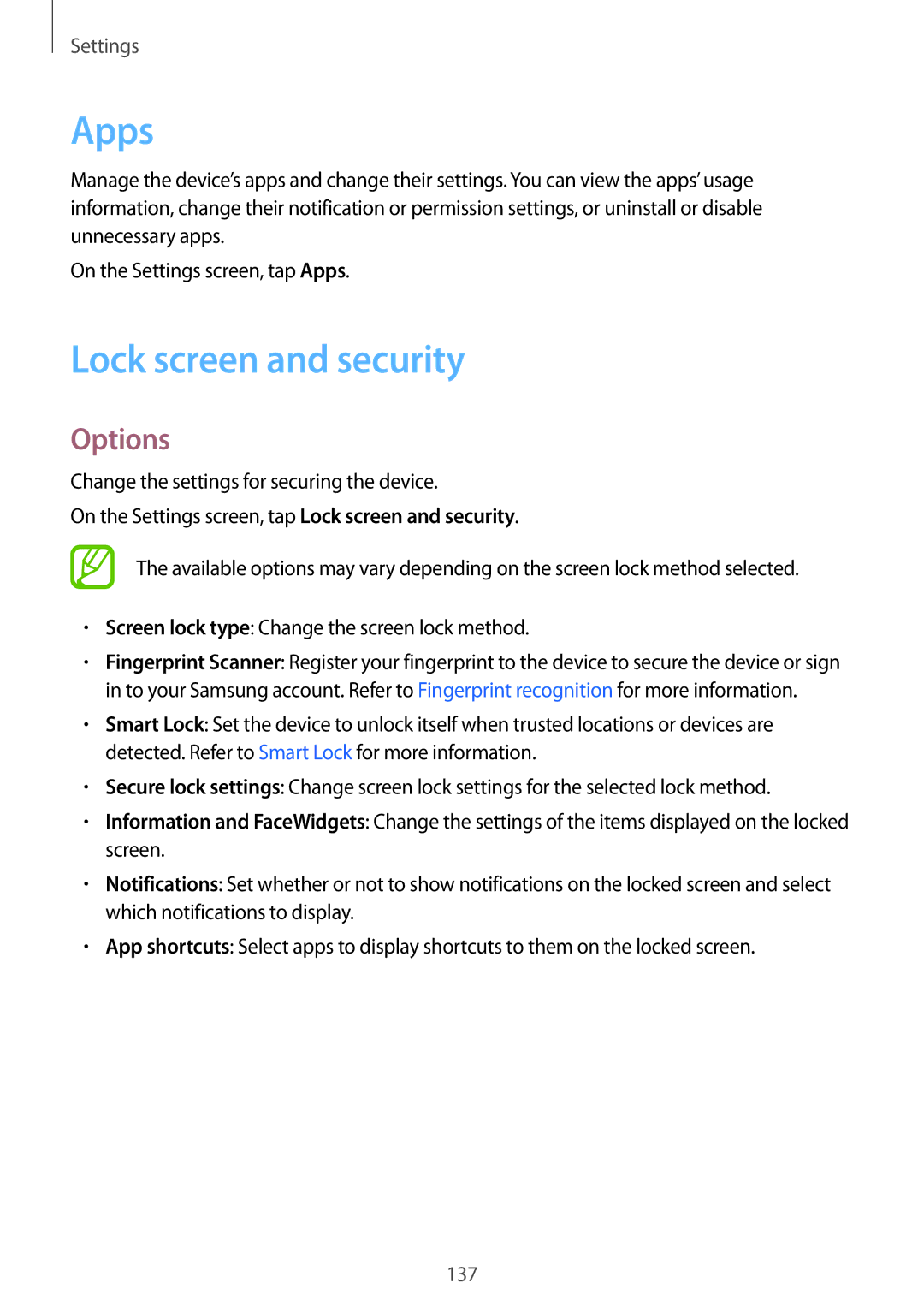 Samsung SM-G611FZKDKSA, SM-G611FZDDKSA manual Apps, Lock screen and security 