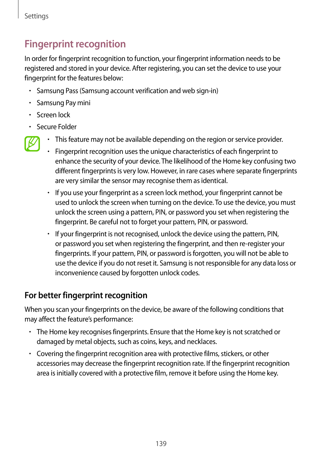 Samsung SM-G611FZKDKSA, SM-G611FZDDKSA manual Fingerprint recognition, For better fingerprint recognition 