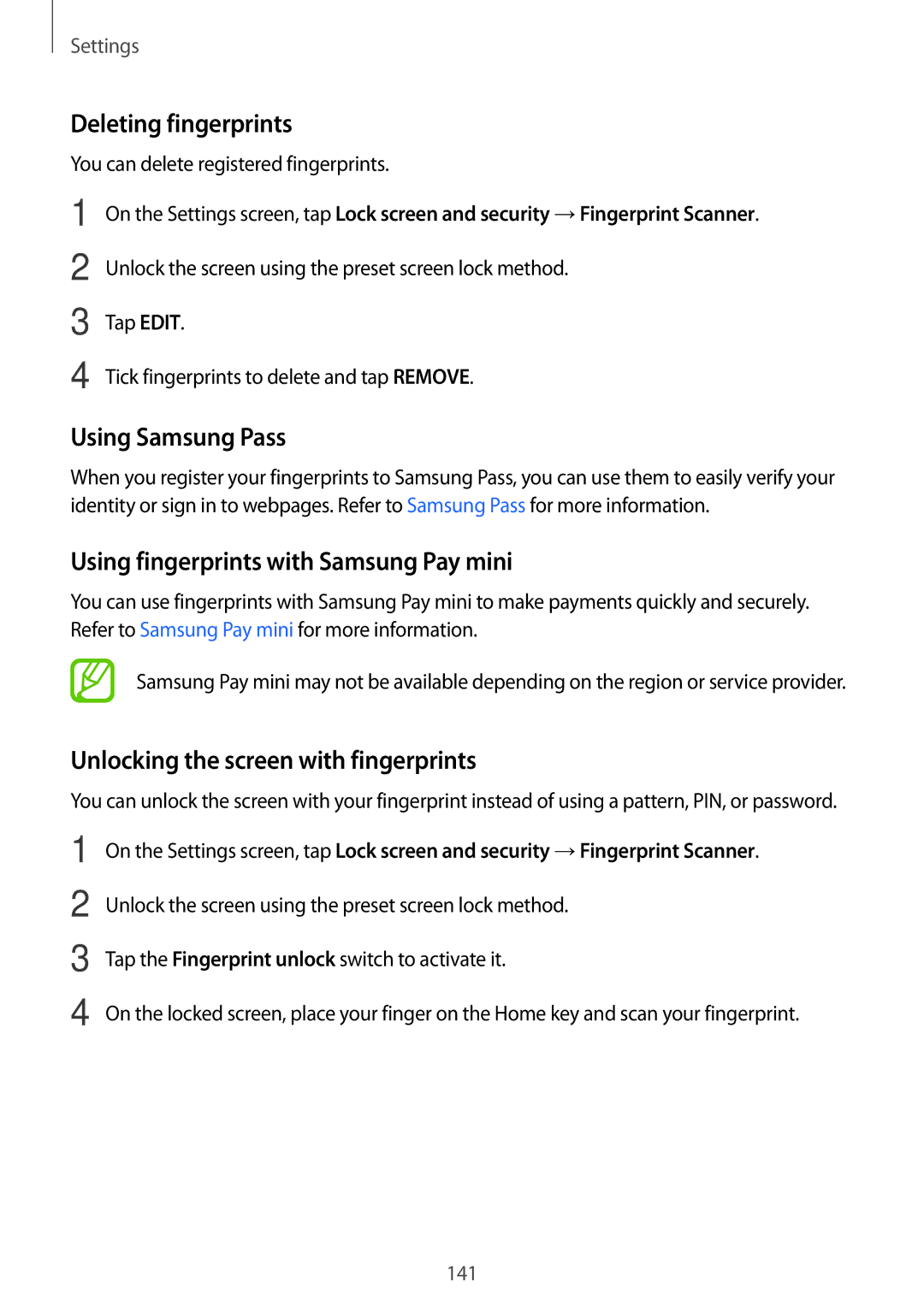 Samsung SM-G611FZKDKSA, SM-G611FZDDKSA Deleting fingerprints, Using Samsung Pass, Using fingerprints with Samsung Pay mini 