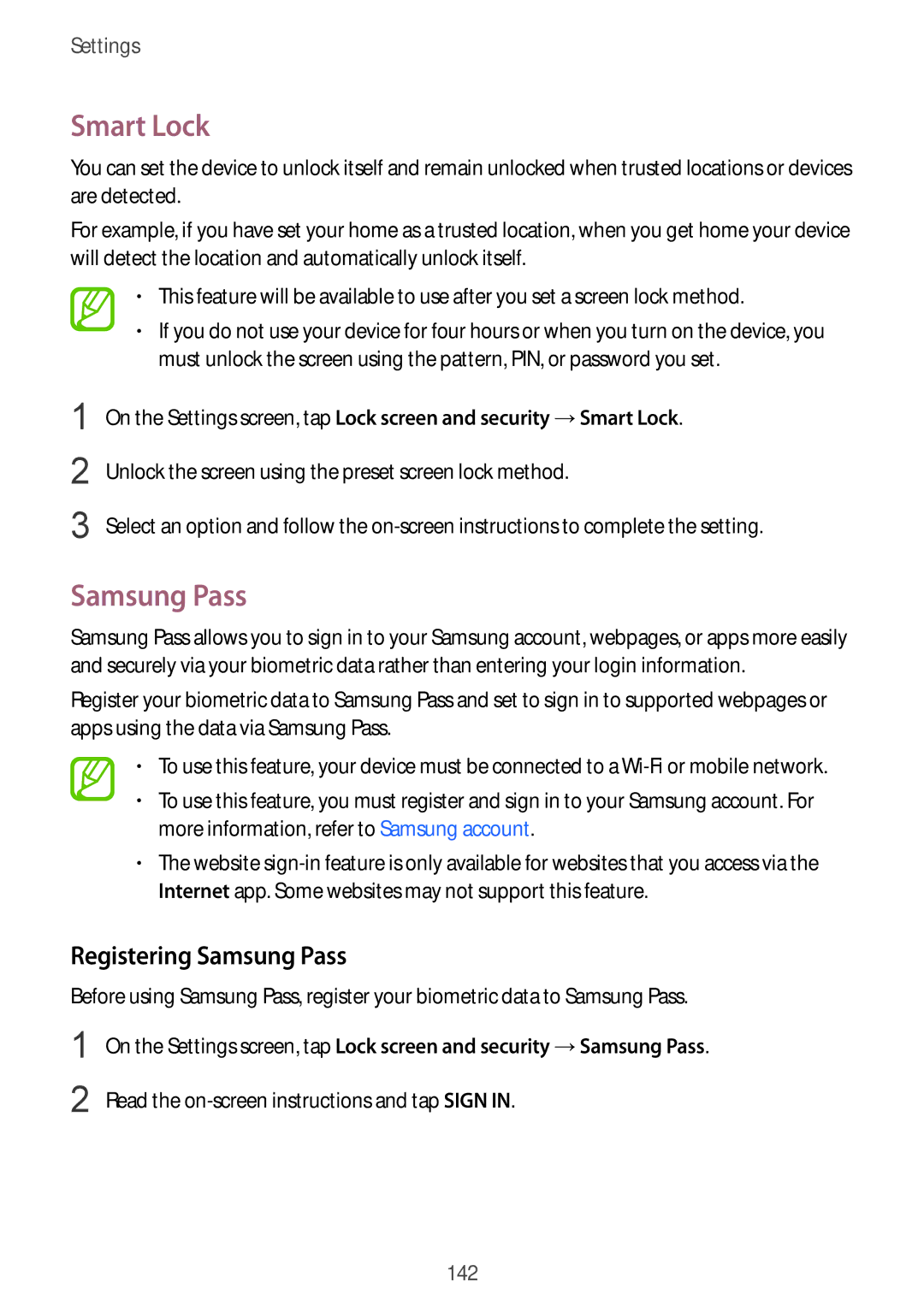 Samsung SM-G611FZDDKSA manual Smart Lock, Registering Samsung Pass, Read the on-screen instructions and tap Sign 