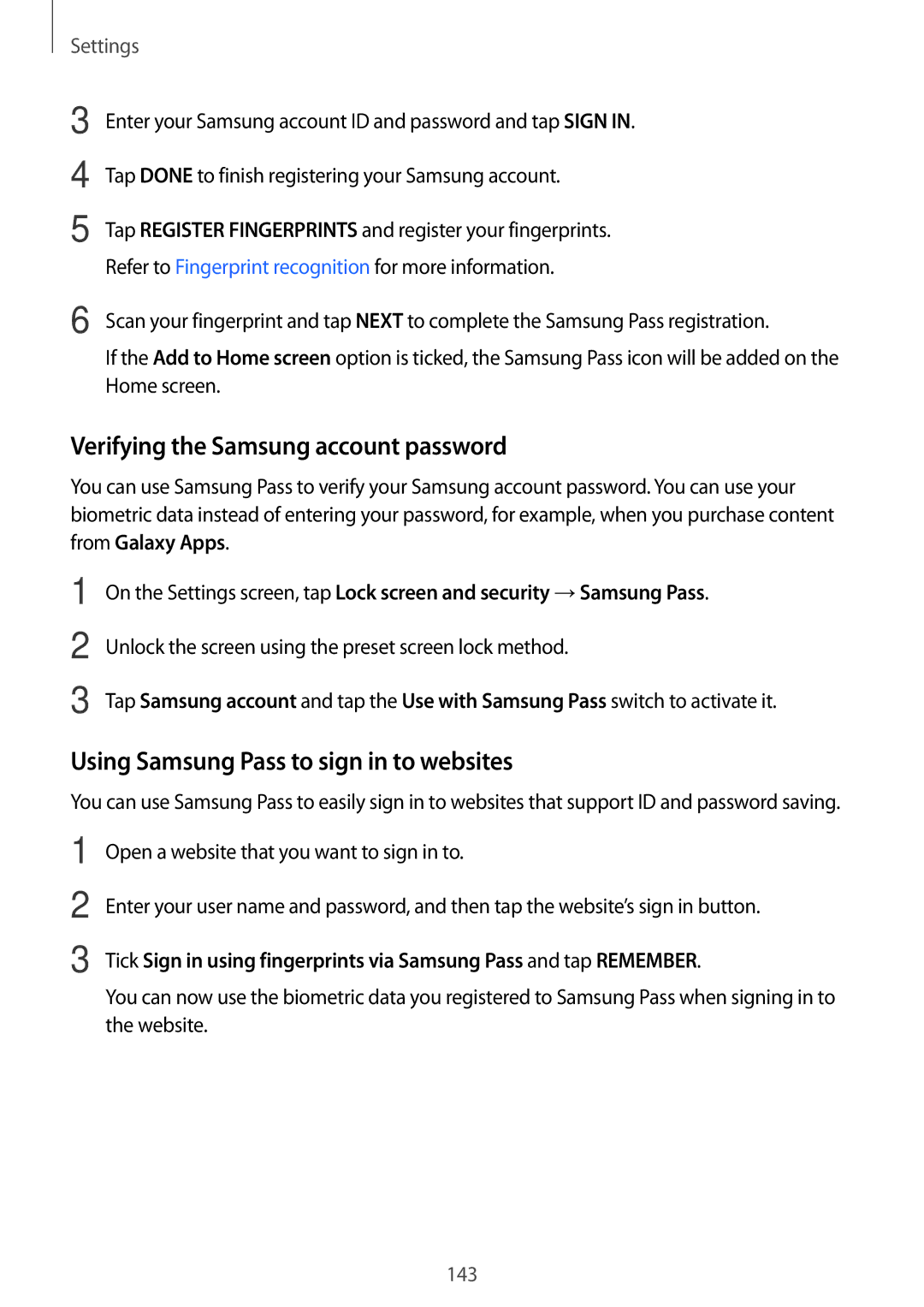 Samsung SM-G611FZKDKSA, SM-G611FZDDKSA Verifying the Samsung account password, Using Samsung Pass to sign in to websites 