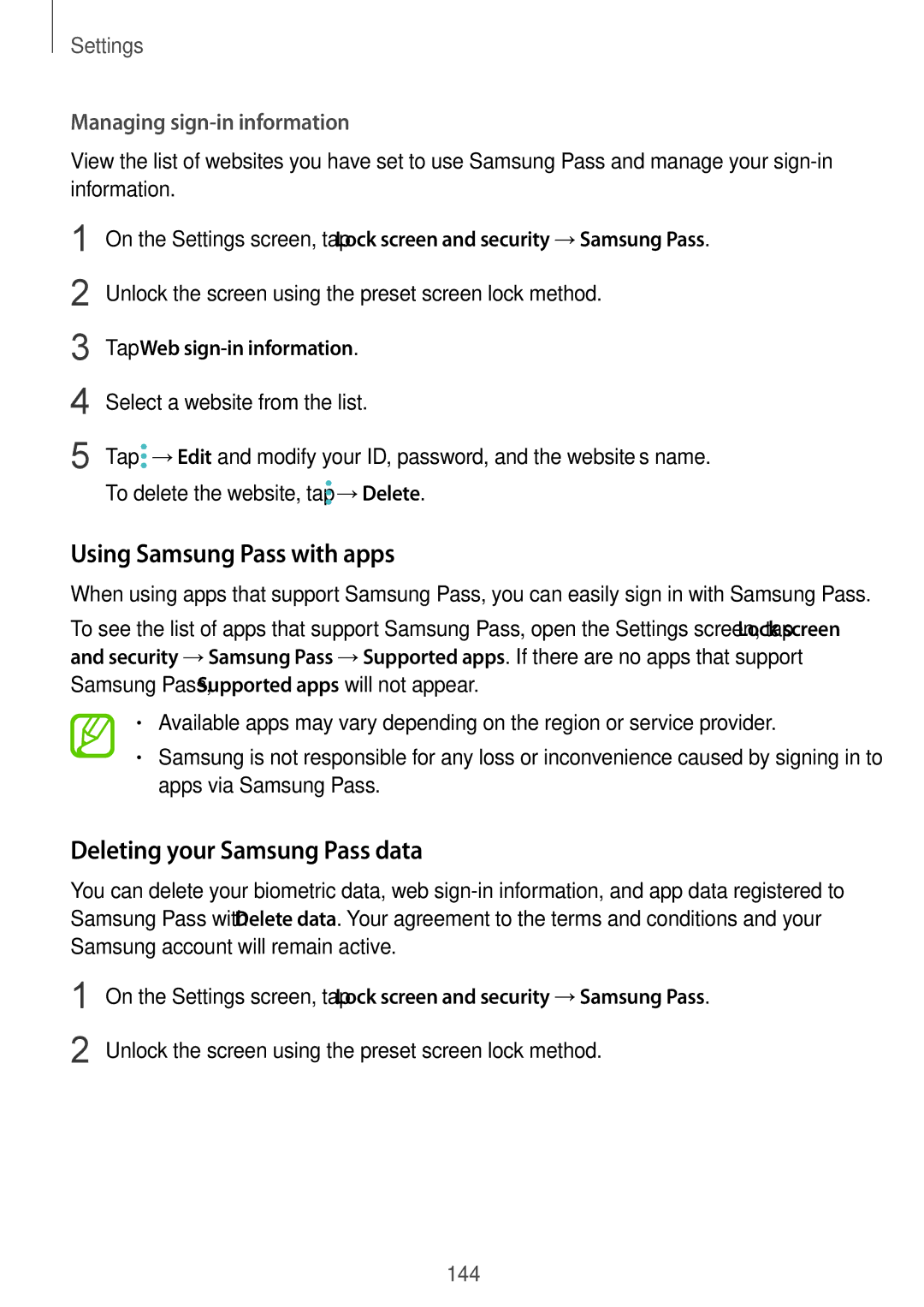 Samsung SM-G611FZDDKSA manual Using Samsung Pass with apps, Deleting your Samsung Pass data, Managing sign-in information 