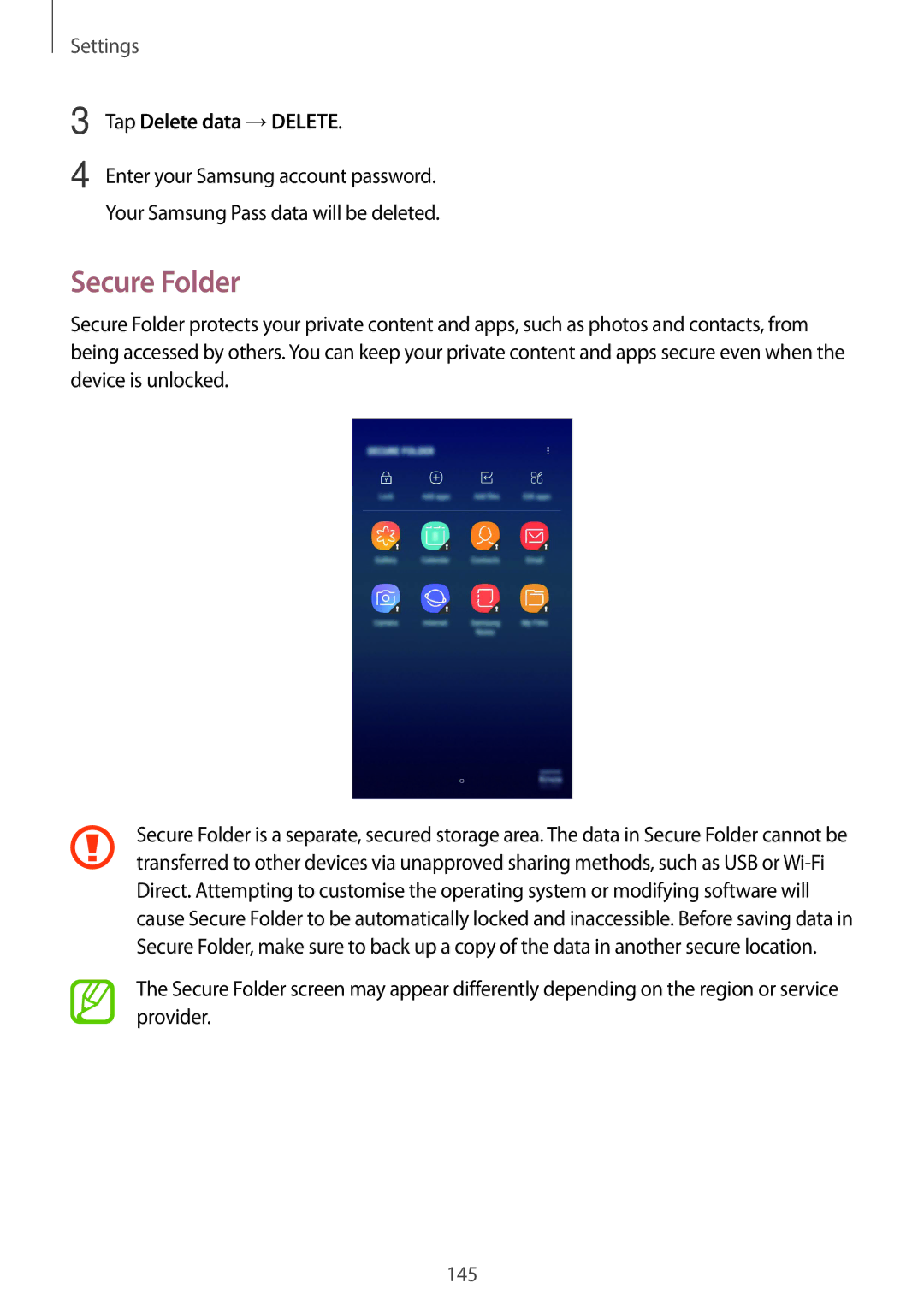 Samsung SM-G611FZKDKSA, SM-G611FZDDKSA manual Secure Folder, Tap Delete data →DELETE 