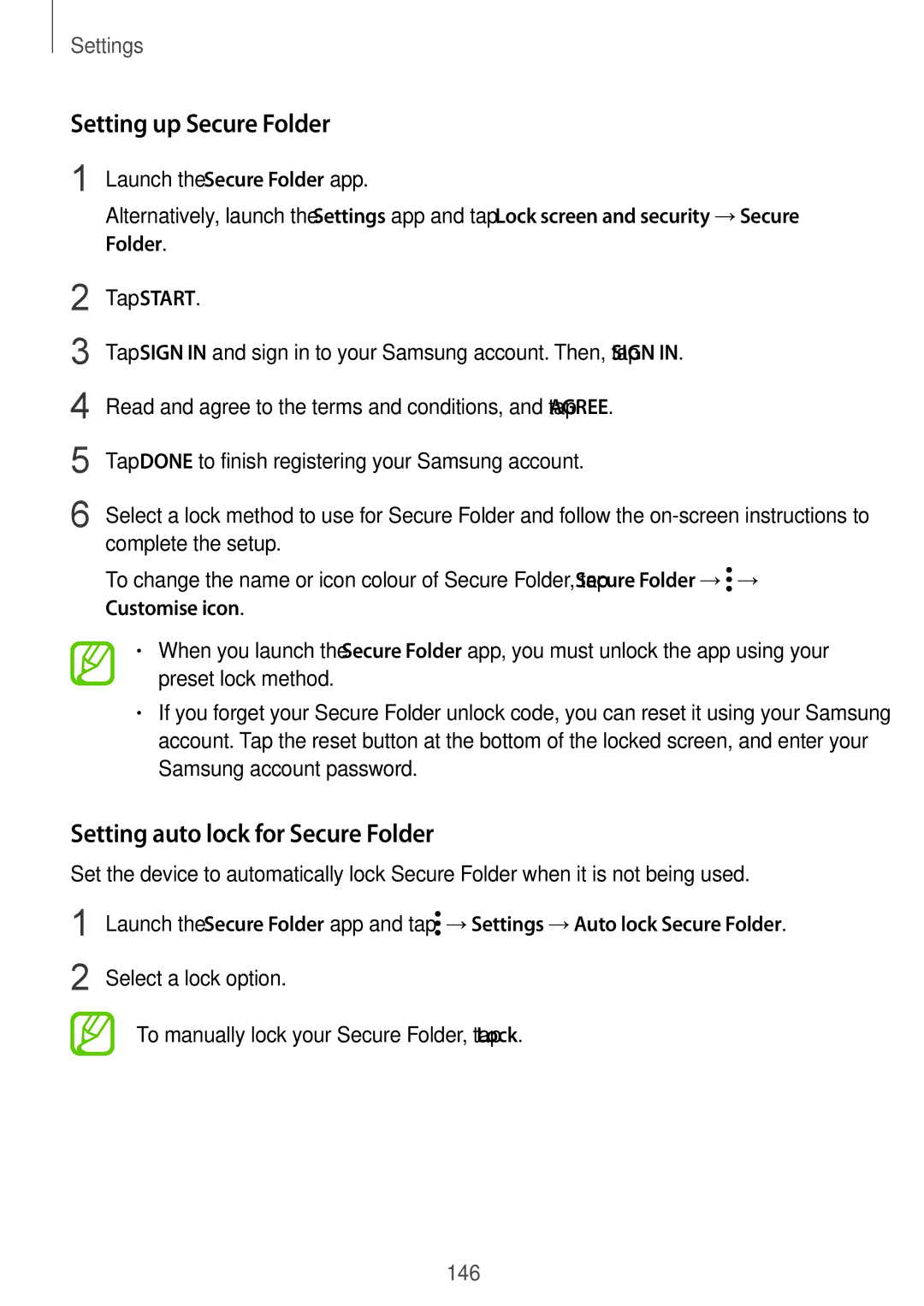 Samsung SM-G611FZDDKSA, SM-G611FZKDKSA manual Setting up Secure Folder, Setting auto lock for Secure Folder 