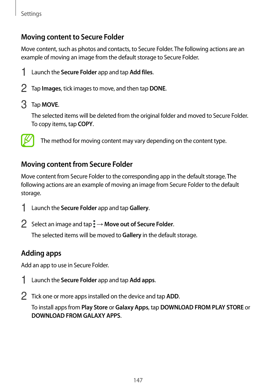 Samsung SM-G611FZKDKSA, SM-G611FZDDKSA Moving content to Secure Folder, Moving content from Secure Folder, Adding apps 