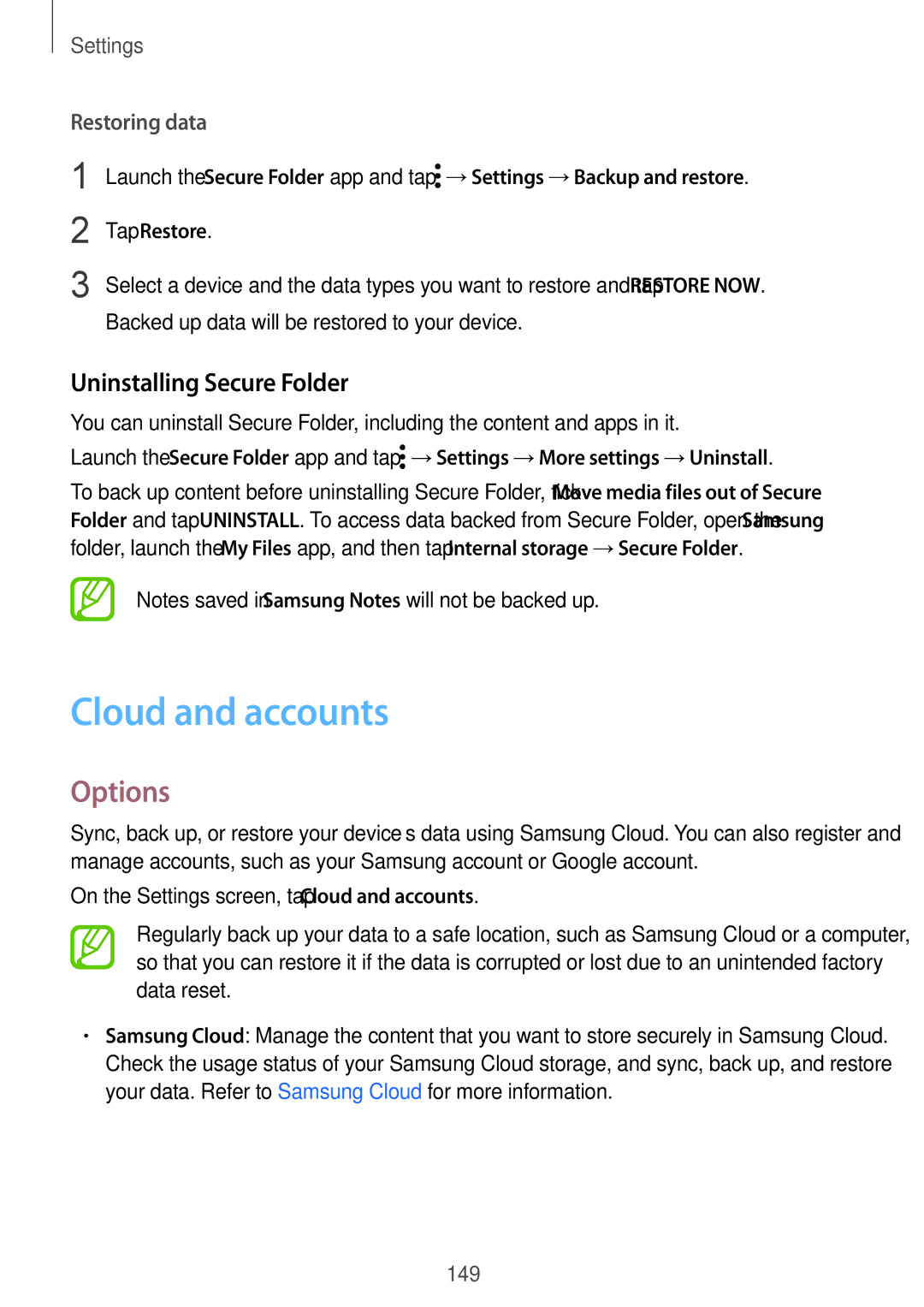 Samsung SM-G611FZKDKSA, SM-G611FZDDKSA manual Cloud and accounts, Uninstalling Secure Folder, Restoring data 