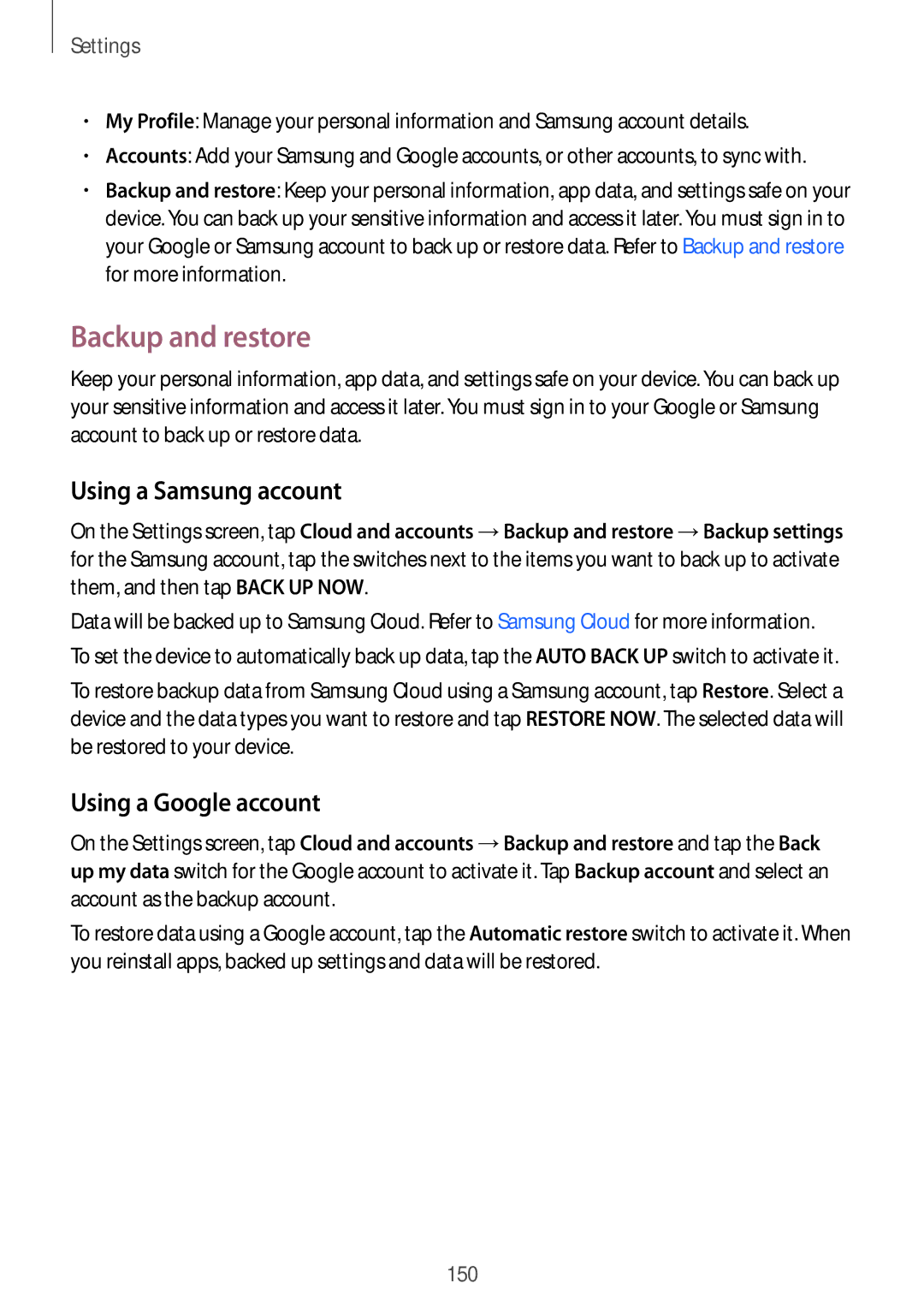 Samsung SM-G611FZDDKSA, SM-G611FZKDKSA manual Backup and restore, Using a Samsung account, Using a Google account 