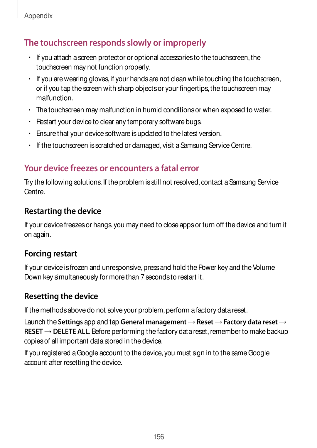 Samsung SM-G611FZDDKSA, SM-G611FZKDKSA manual Forcing restart, Resetting the device 