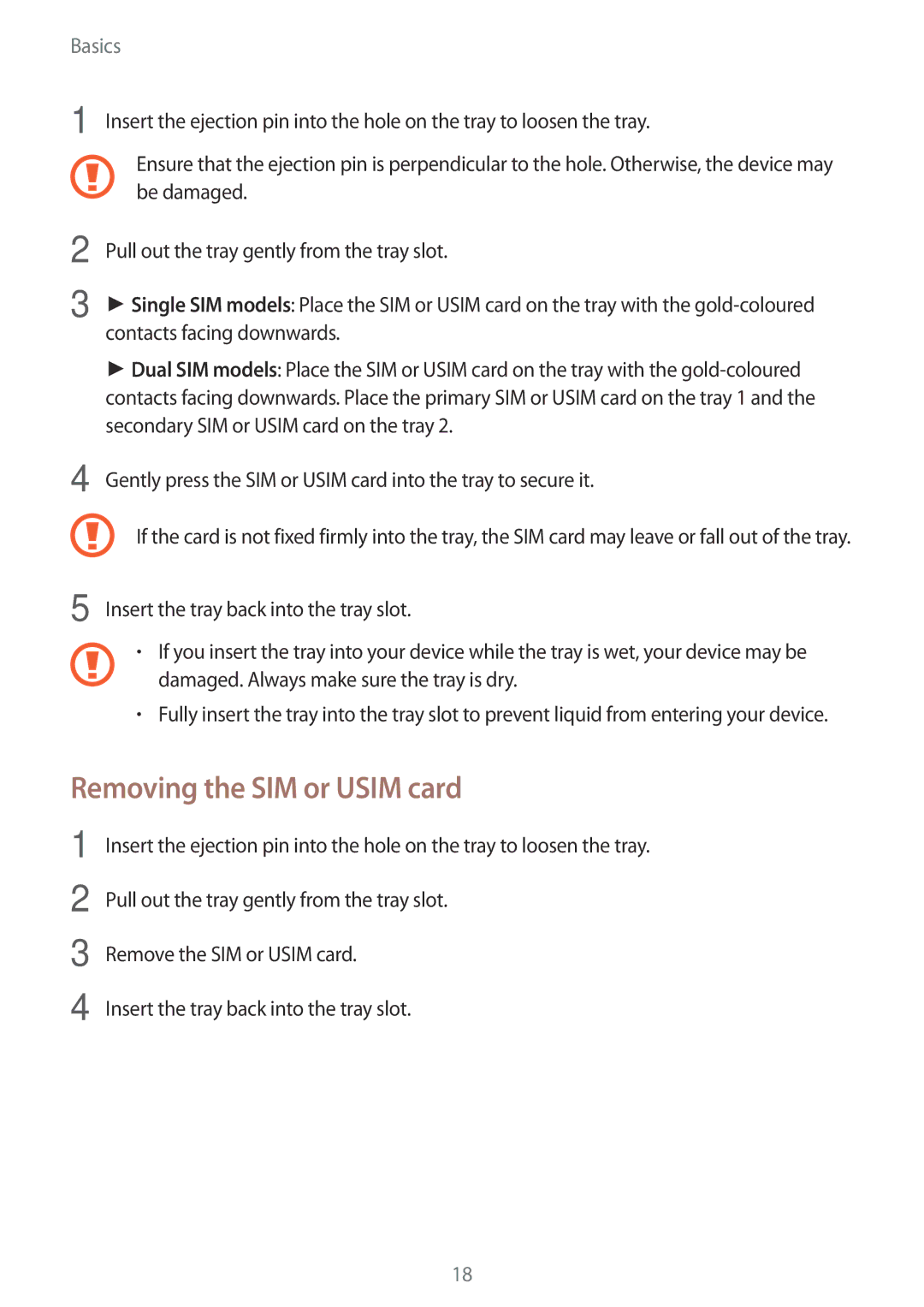 Samsung SM-G611FZDDKSA manual Removing the SIM or Usim card, Gently press the SIM or Usim card into the tray to secure it 