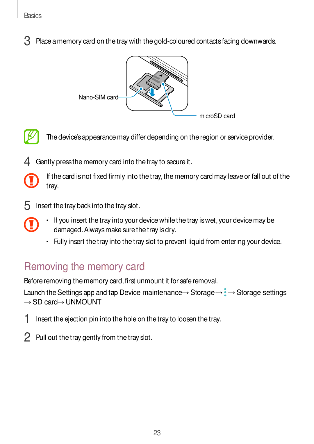 Samsung SM-G611FZKDKSA, SM-G611FZDDKSA manual Removing the memory card, → SD card →UNMOUNT 