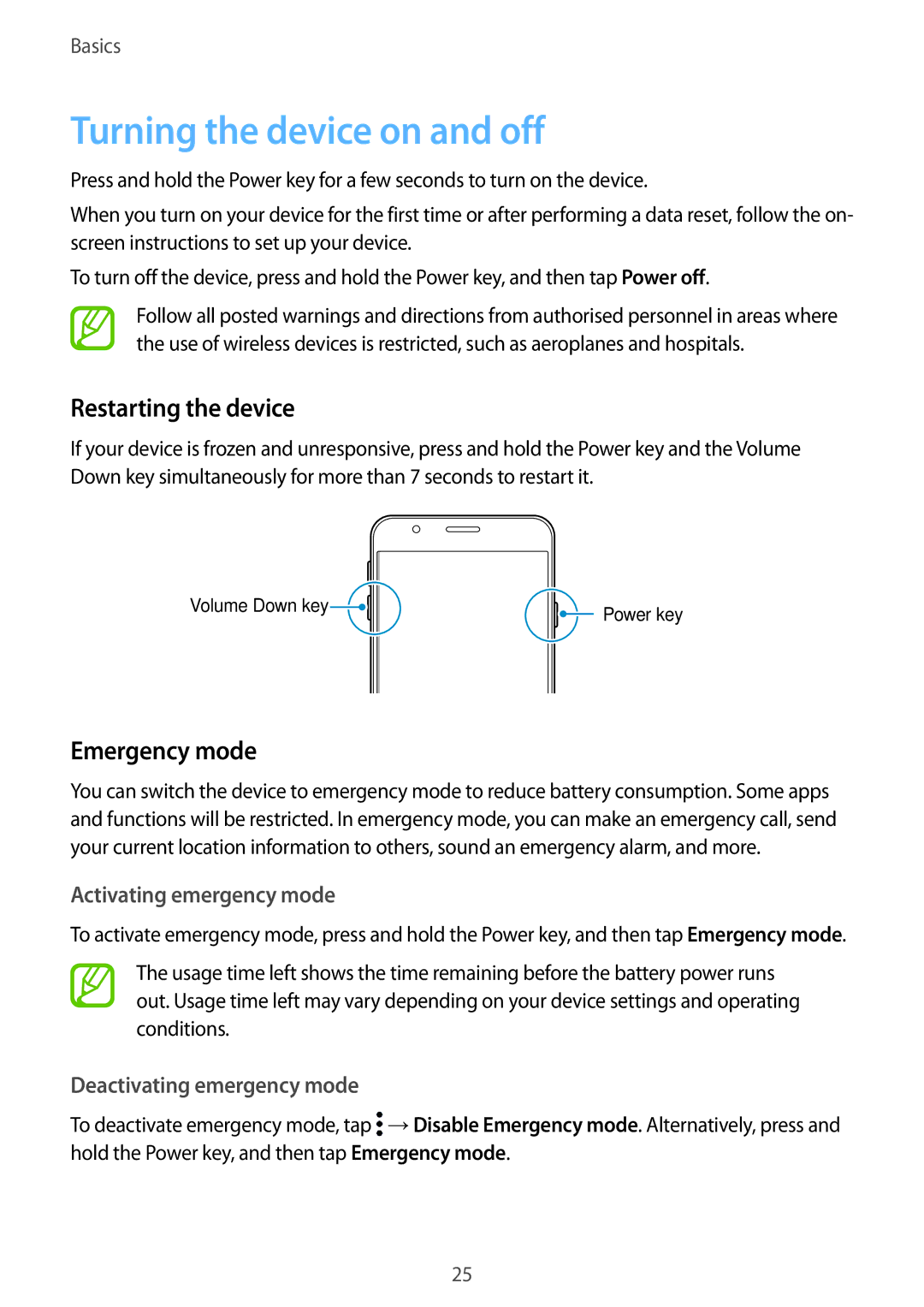 Samsung SM-G611FZKDKSA Turning the device on and off, Restarting the device, Emergency mode, Activating emergency mode 