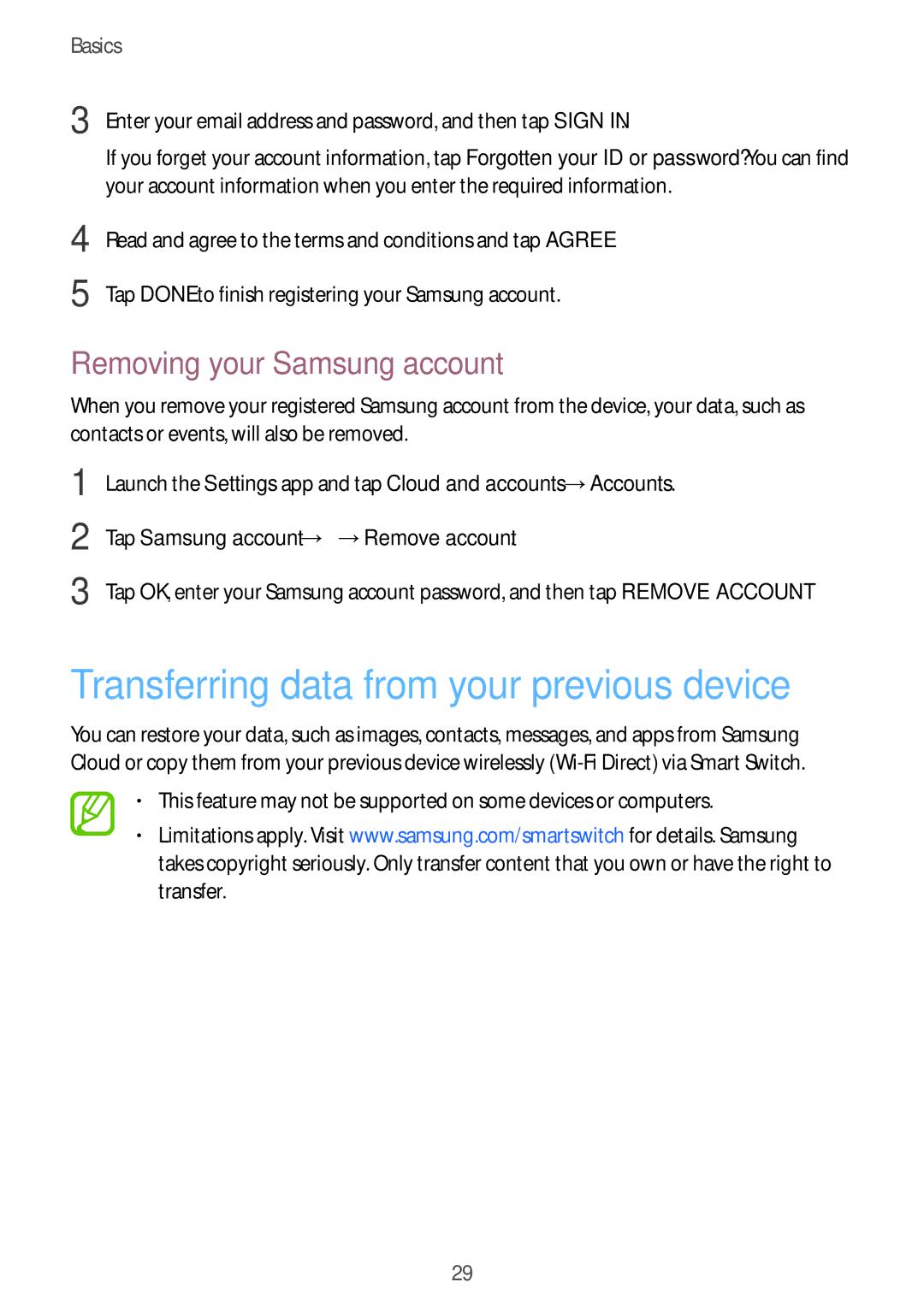 Samsung SM-G611FZKDKSA, SM-G611FZDDKSA Transferring data from your previous device, Tap Samsung account → →Remove account 