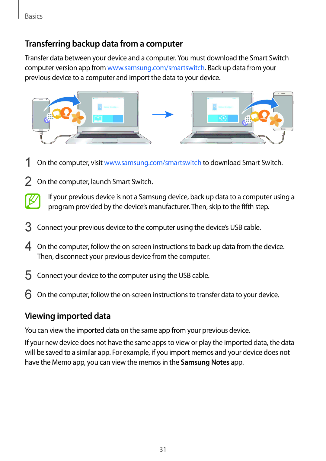 Samsung SM-G611FZKDKSA, SM-G611FZDDKSA manual Transferring backup data from a computer, Viewing imported data 