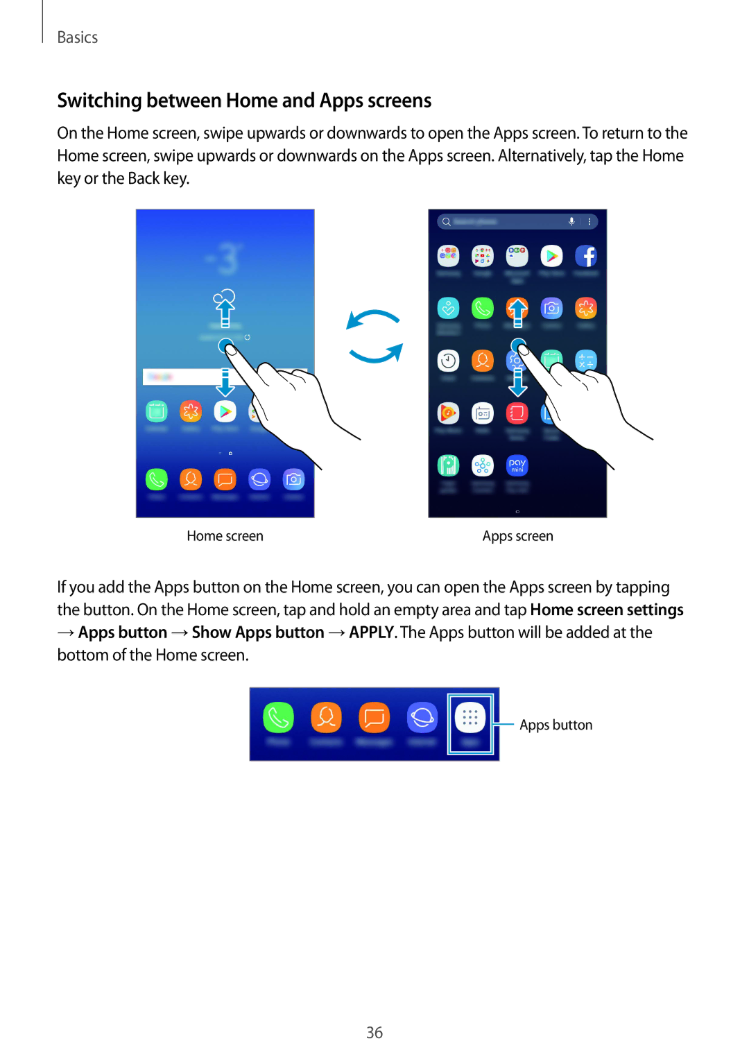 Samsung SM-G611FZDDKSA, SM-G611FZKDKSA manual Switching between Home and Apps screens 