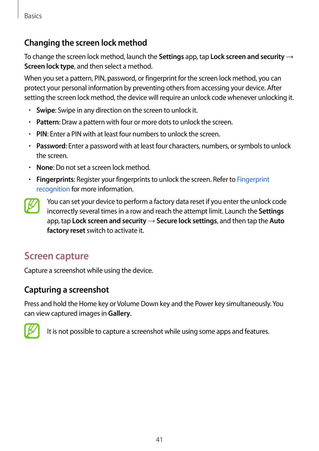 Samsung SM-G611FZKDKSA, SM-G611FZDDKSA manual Screen capture, Changing the screen lock method, Capturing a screenshot 