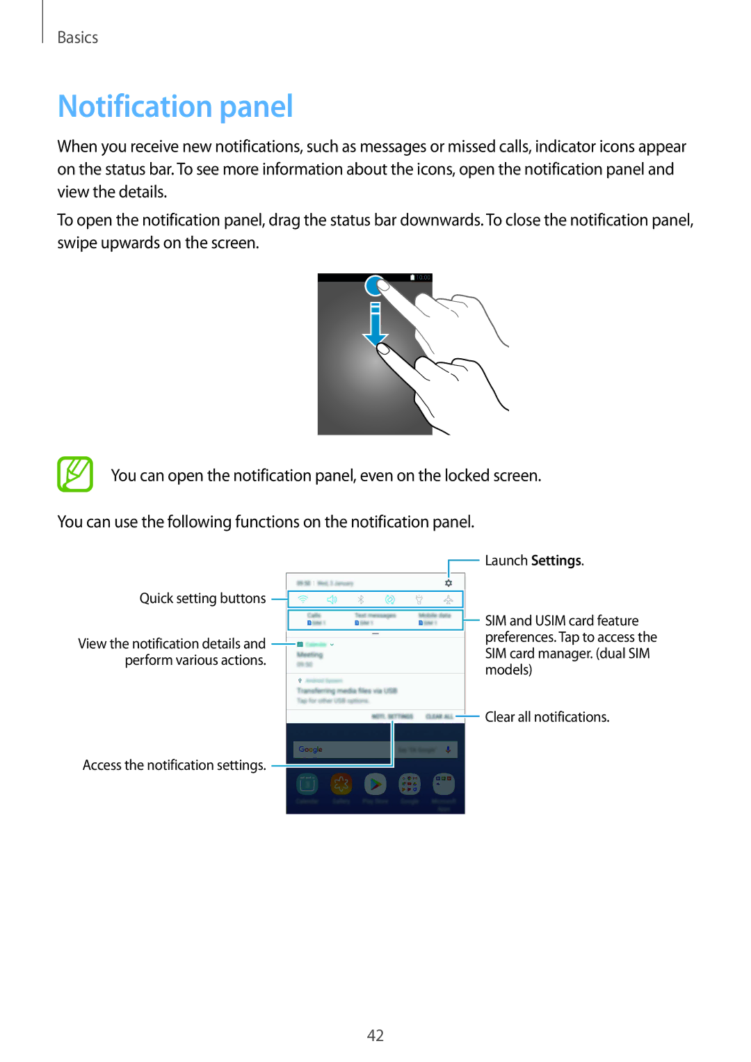 Samsung SM-G611FZDDKSA, SM-G611FZKDKSA manual Notification panel, Access the notification settings Launch Settings 