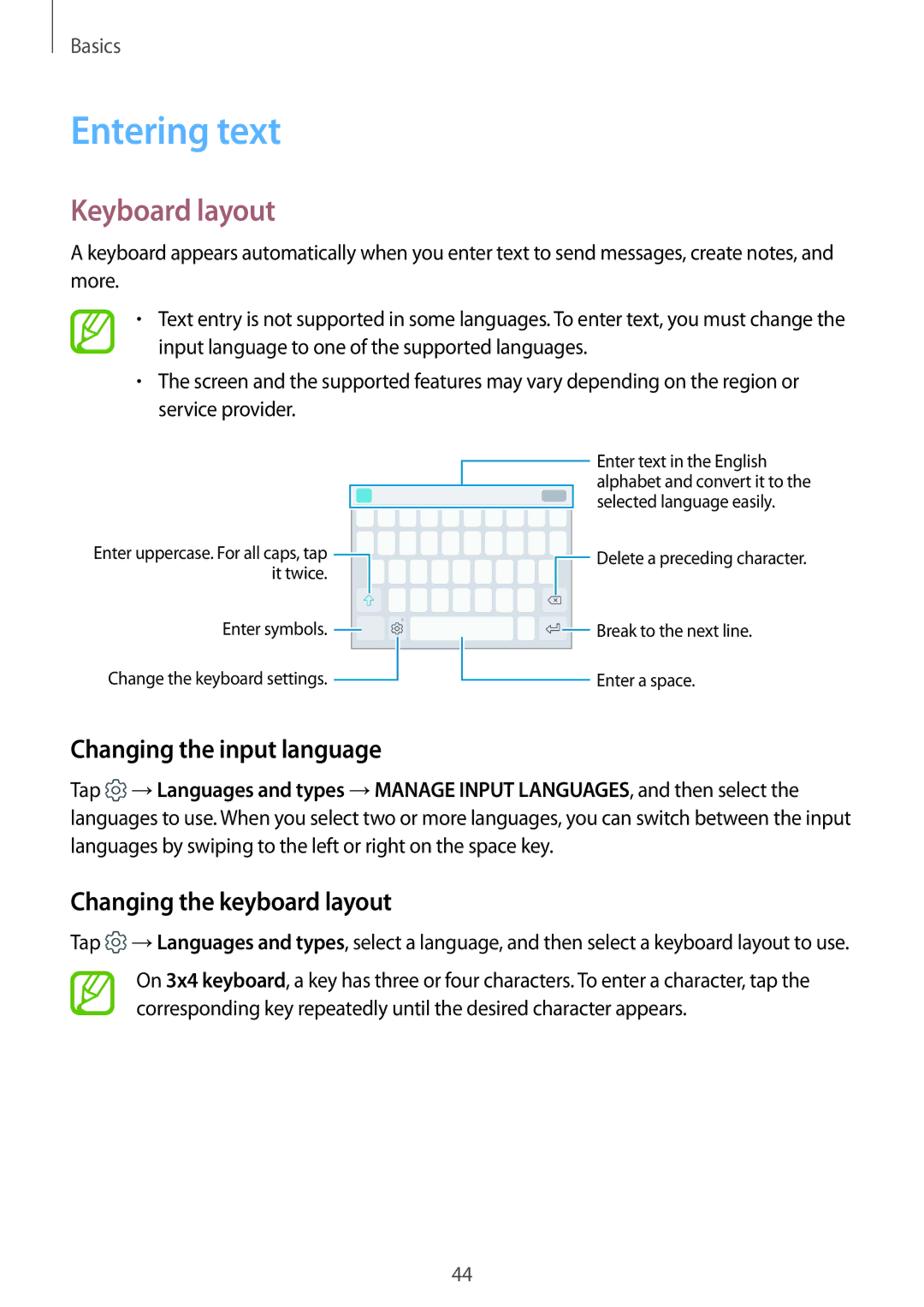 Samsung SM-G611FZDDKSA manual Entering text, Keyboard layout, Changing the input language, Changing the keyboard layout 