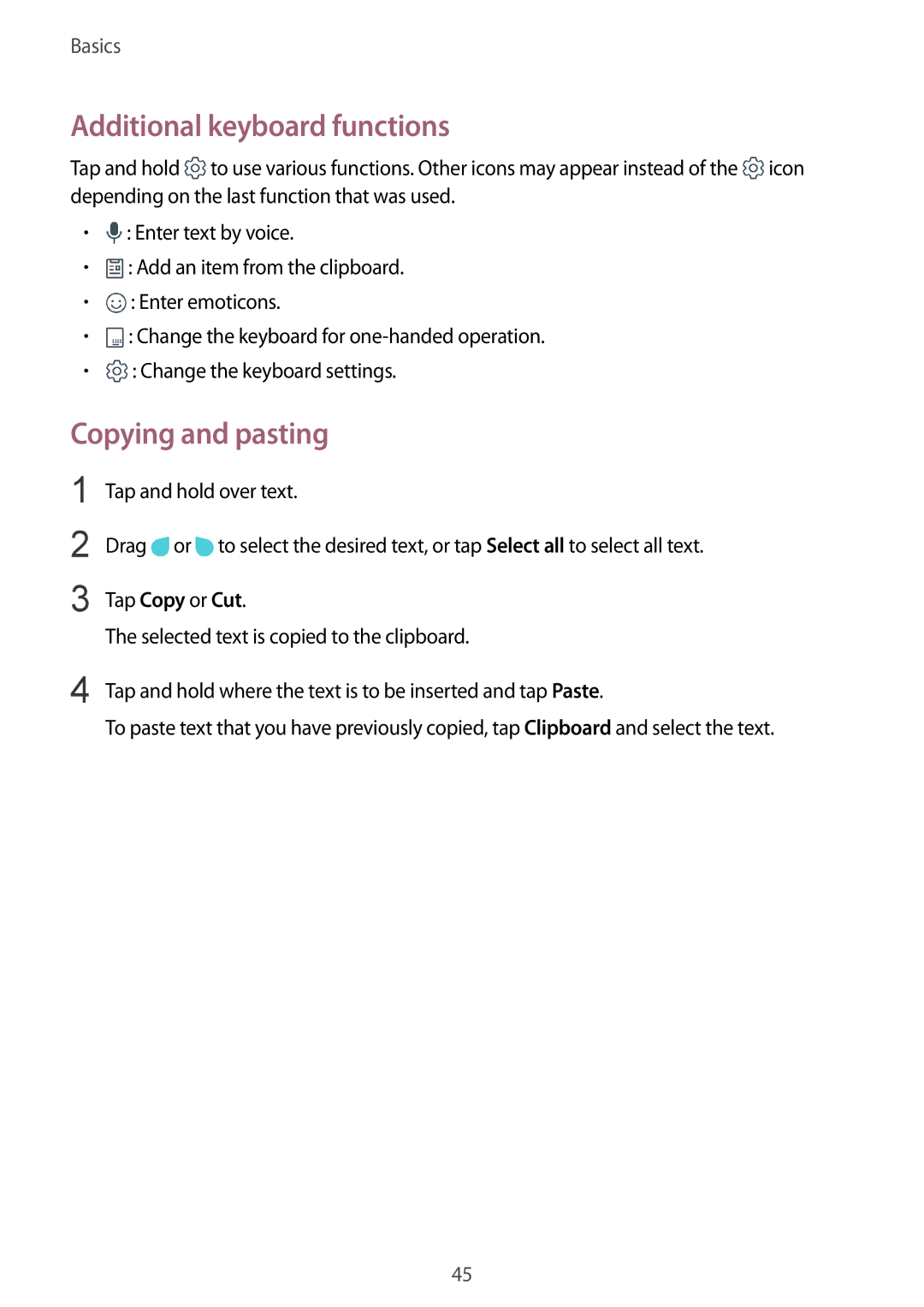 Samsung SM-G611FZKDKSA, SM-G611FZDDKSA manual Additional keyboard functions, Copying and pasting 