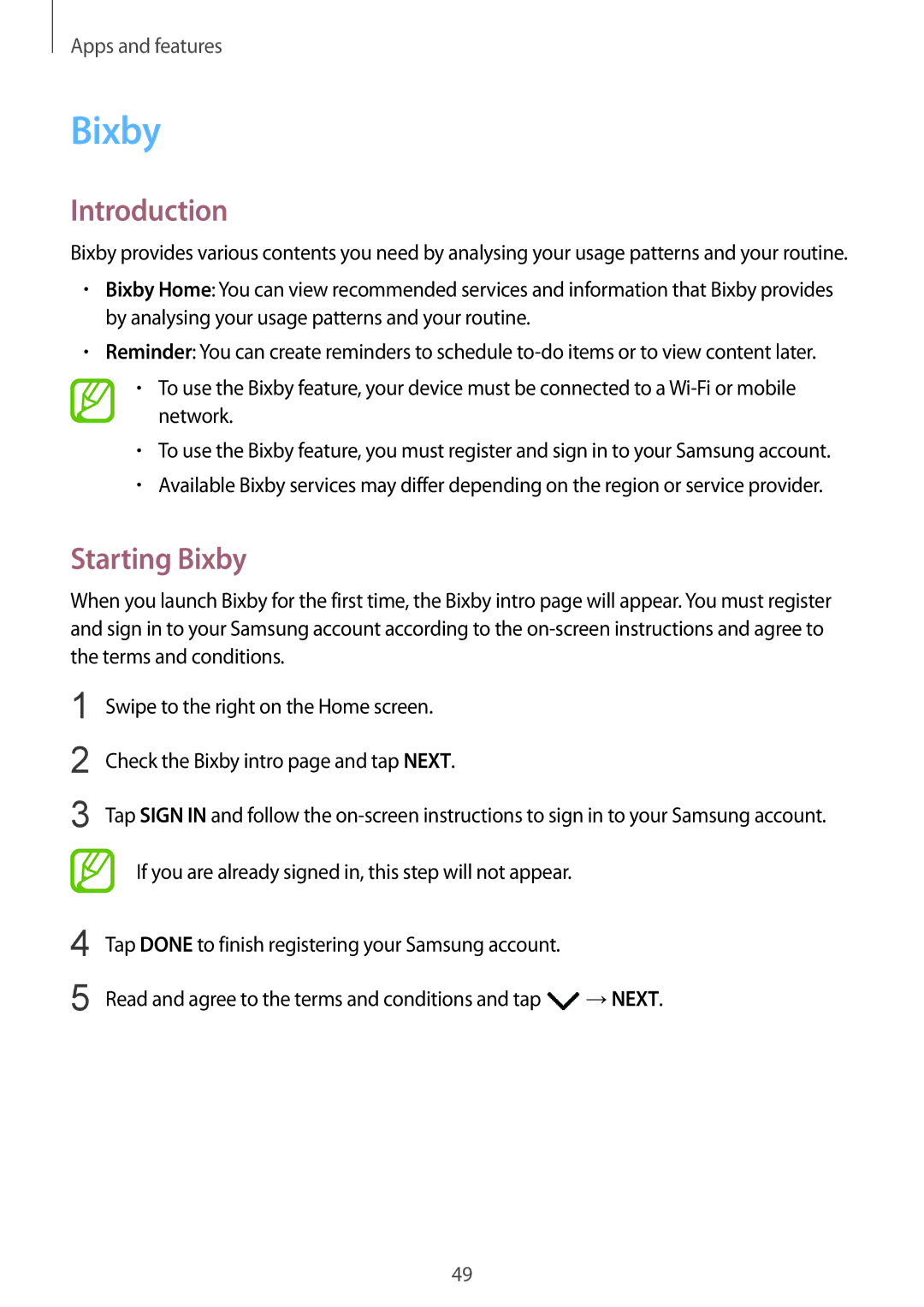 Samsung SM-G611FZKDKSA, SM-G611FZDDKSA manual Starting Bixby 