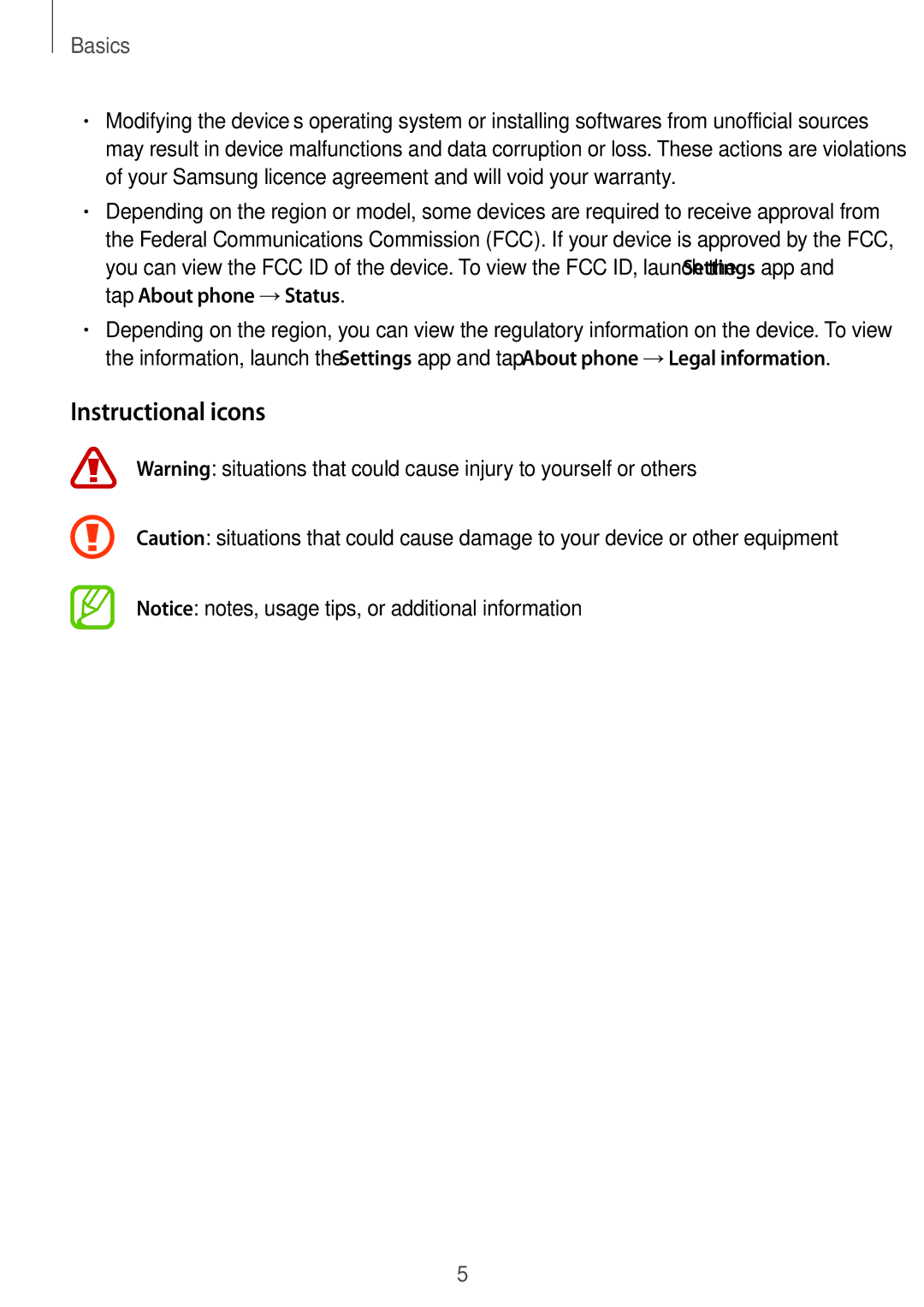 Samsung SM-G611FZKDKSA, SM-G611FZDDKSA manual Instructional icons, Basics 