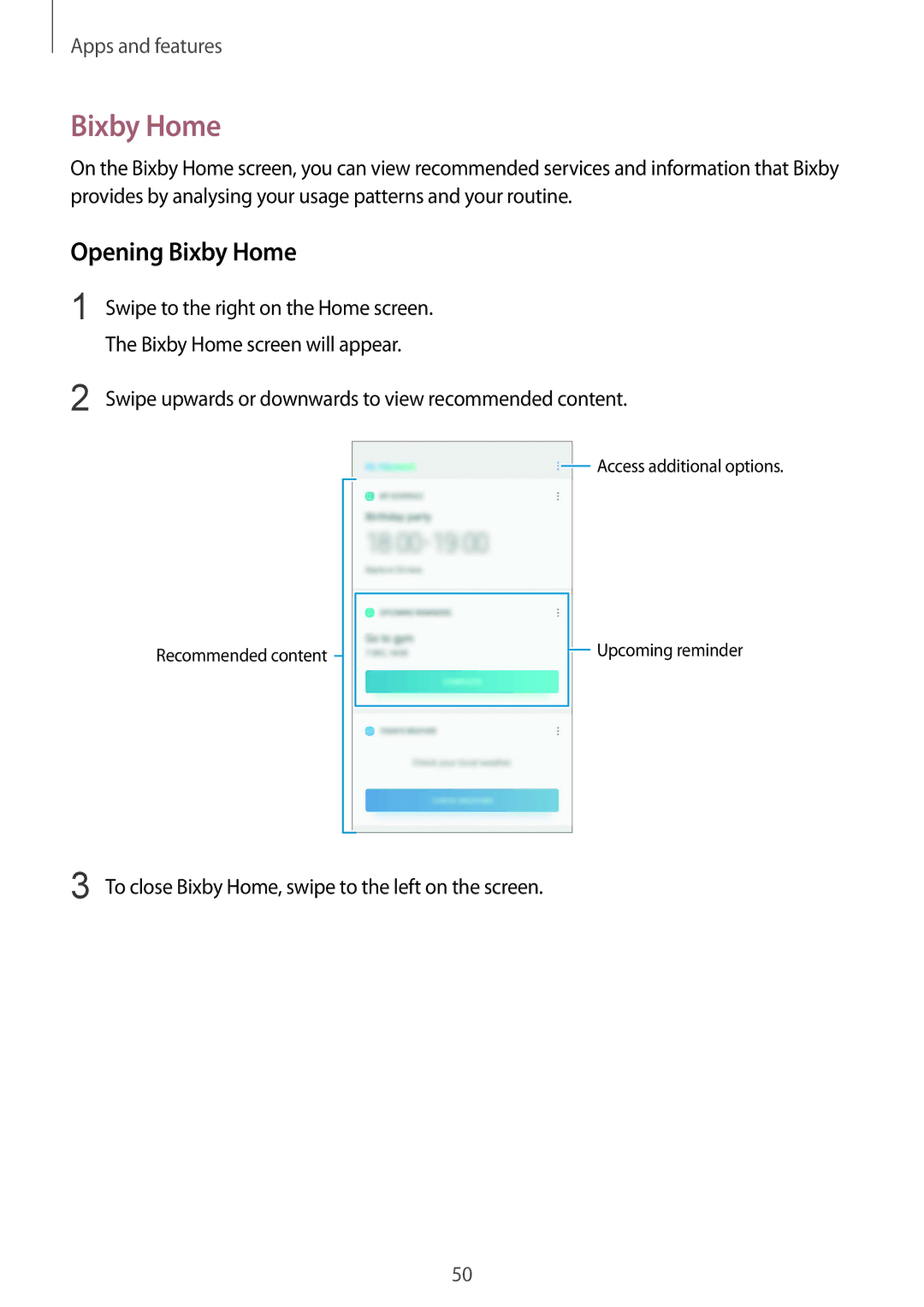 Samsung SM-G611FZDDKSA, SM-G611FZKDKSA manual Opening Bixby Home, Bixby Home screen will appear 