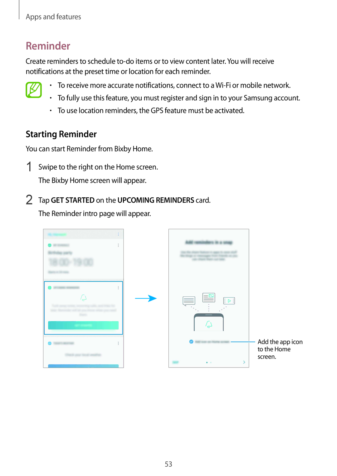 Samsung SM-G611FZKDKSA, SM-G611FZDDKSA manual Starting Reminder, Tap GET Started on the Upcoming Reminders card 