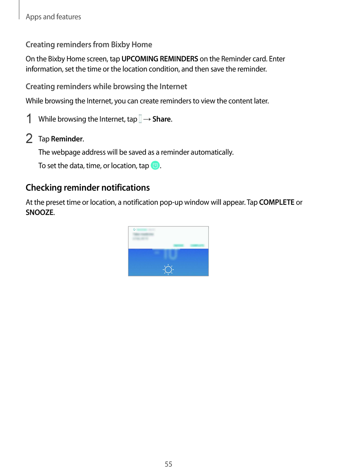 Samsung SM-G611FZKDKSA, SM-G611FZDDKSA Checking reminder notifications, Creating reminders from Bixby Home, Tap Reminder 