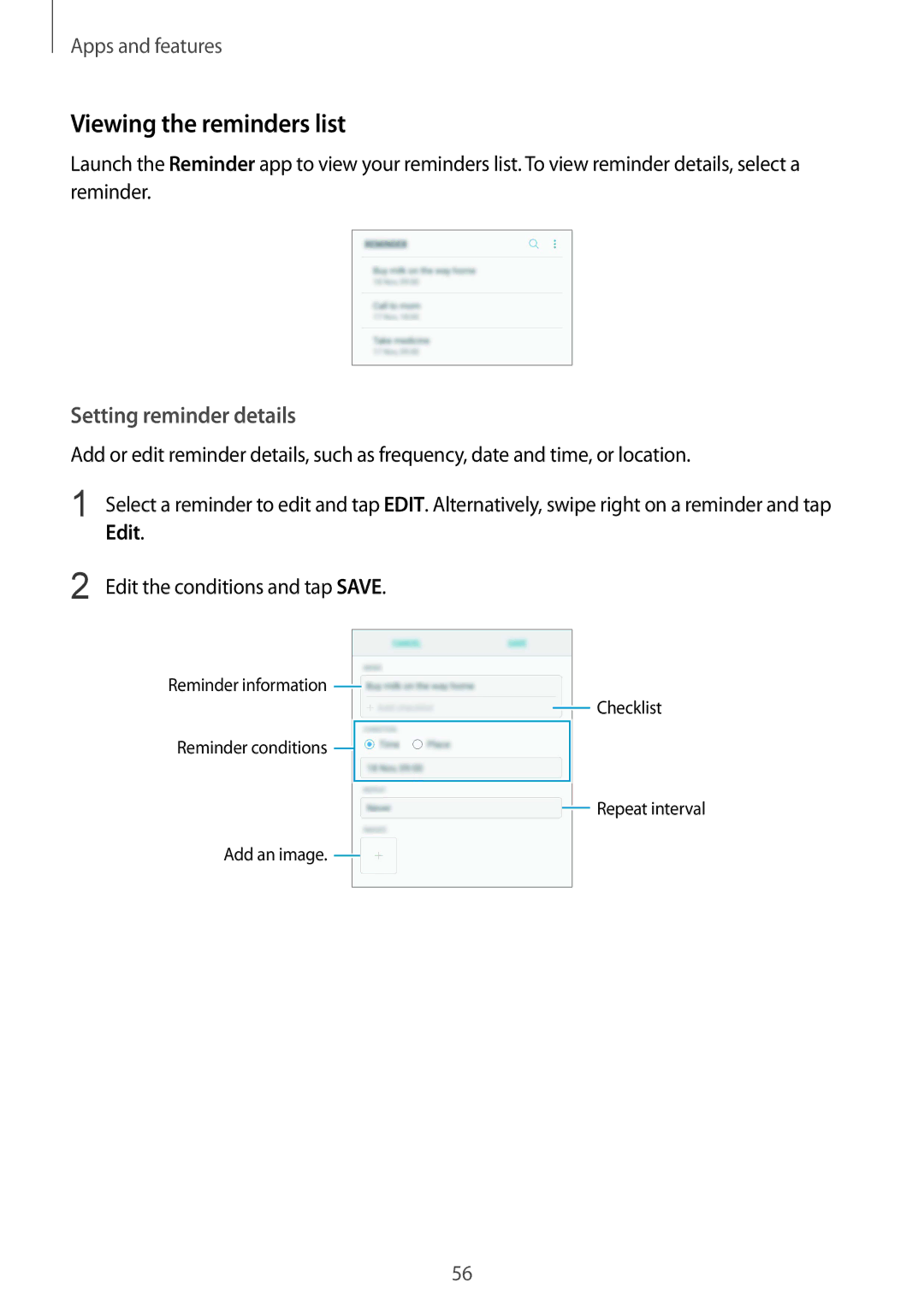 Samsung SM-G611FZDDKSA, SM-G611FZKDKSA manual Viewing the reminders list, Setting reminder details 