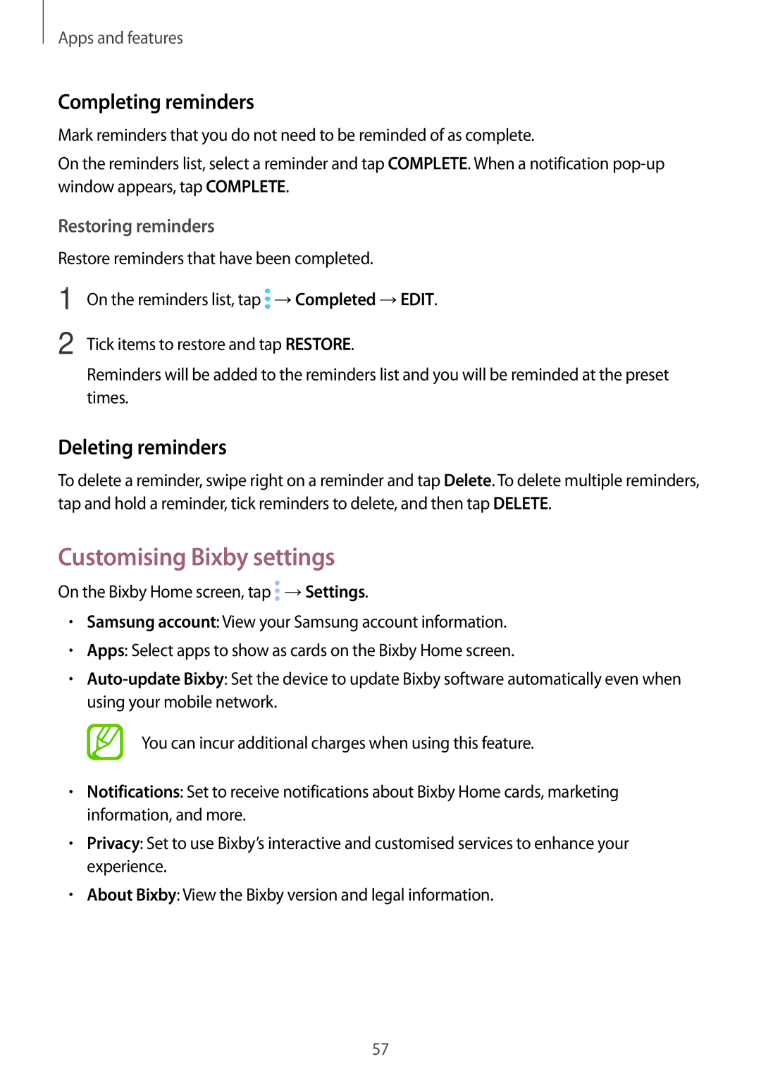 Samsung SM-G611FZKDKSA manual Customising Bixby settings, Completing reminders, Deleting reminders, Restoring reminders 